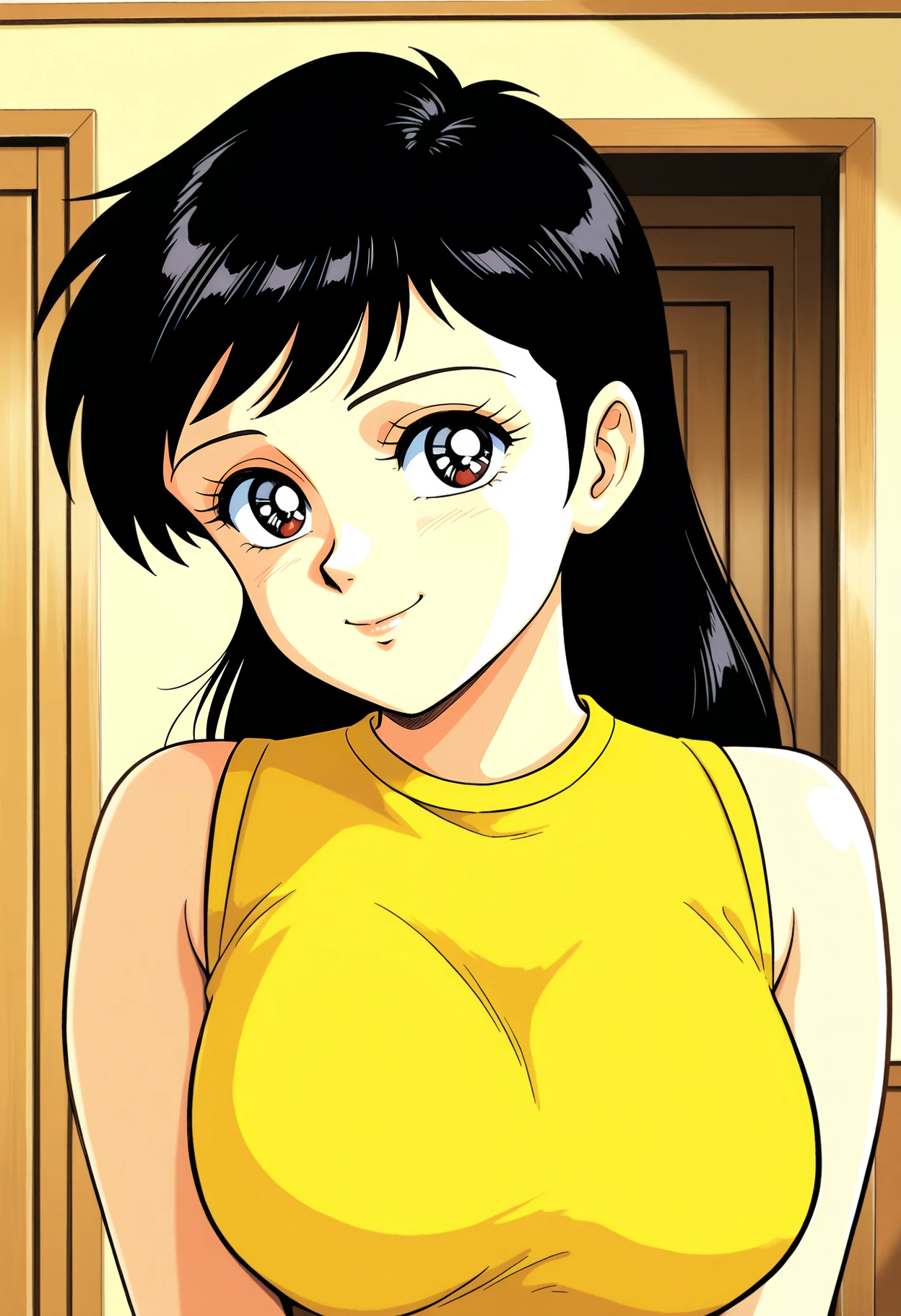 1girl,solo,mm,mature female,long hair,retro artstyle,black hair,
sleeveless, yellow shirt,upper body, looking at viewer, smile,indoors
,masterpiece,best quality,amazing quality,<lora:Mitsuko_Jubei_Yagyu-Harenchi_Gakuen-IL:0.8>