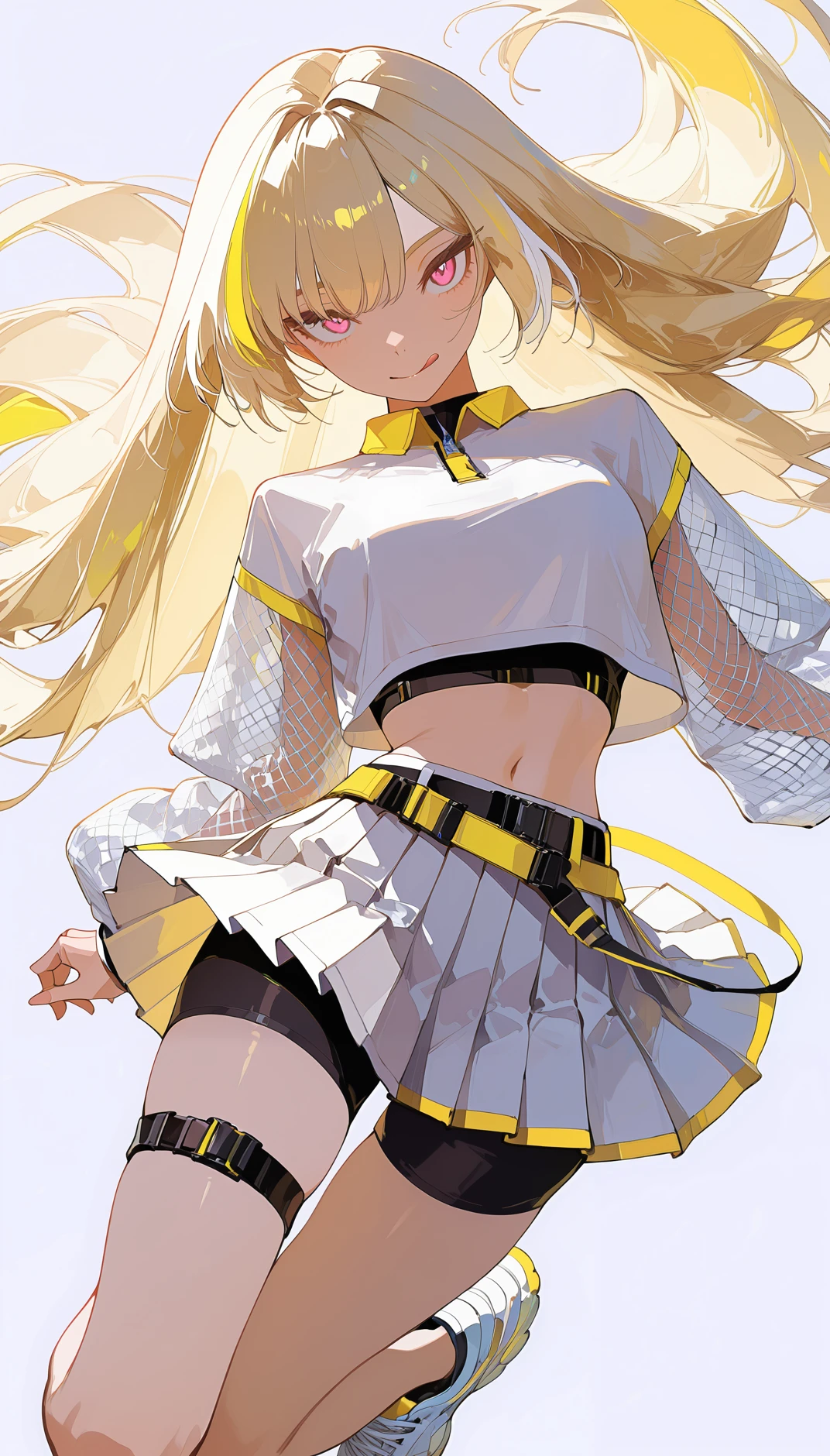 Flatline, Flat vector illustration, masterpiece, best quality, amazing quality, very aesthetic, absurdres,  newest, scenery,
, Licking lips, Jumping in a ballet leap, upper body, from above, , AeroStriker, 1girl,blonde hair, very long hair,multicolored hair,  white highlighted hair, pink eyes,white crop top, mesh sleeves,
tennis skirt, very short skirt, pleated mini skirt, white skirt, yellow accent, belt, sporty fashion,tight black shorts under skirt,white  high-top sneakers, white sneakers, yellow trim shoes, thigh straps, mesh clothing, midriff, exposed navel,
,
simple background,, animated, dynamic angle, close-up,portrait, fisheye lens, detailed face,colorful, close-up, masterpiece, best quality, amazing quality, very aesthetic, absurdres, newest, scenery, volumetric lighting