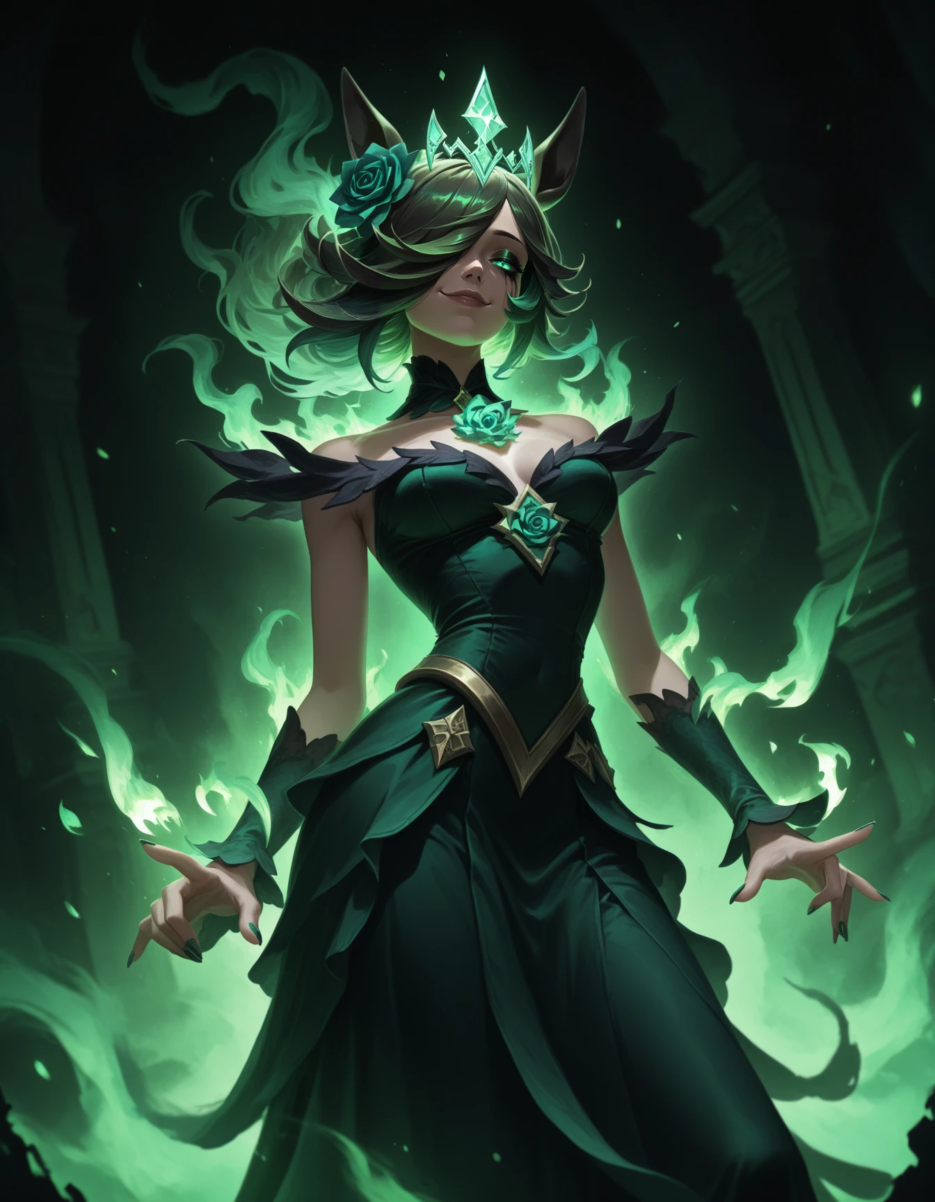 1girl,rice shower \(umamusume\), hair flower, gown, green hair, helmet, white hair, multicolored hair, green flames, ru1n3d-style, (traditional media \(artwork\), painterly), ethereal, (floating tiara) ,dutch angle, ornate clothing, pose, green theme, green fingernails, contrapposto, smug, runny makeup <lora:RuinedILXL:1.15> masterpiece, best quality, very aesthetic, newest