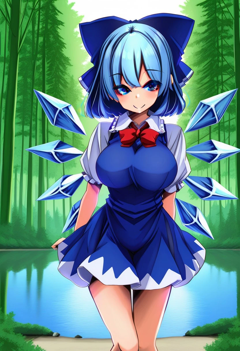 yukito style, ((forest)), ((lake)), day time, looking at viewer, standing, posing, smile, ((large breasts)), cirno, 1girl, solo, blue eyes, blue hair, short hair, ice wings, ice, bow, hair bow, dress, blue dress, short sleeves, blue bow, puffy sleeves, red ribbon