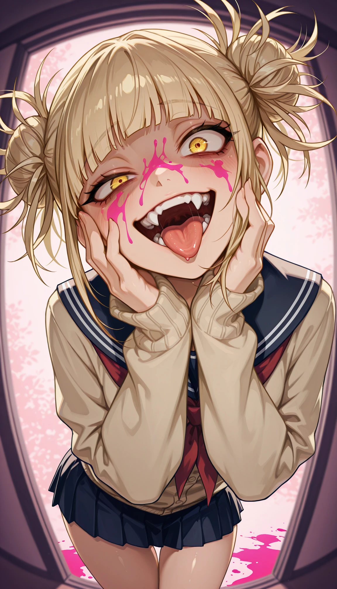 rim light, masterpiece, best quality, amazing quality, very aesthetic, high resolution, ultra-detailed, absurdres, newest, scenery, dark, 1girl, toga himiko, glowing yellow eyes, crazy smile, shaded face, teeth, fangs, (open mouth:1.2), tongue out, lip licking, double bun, crazy eyes, wide-eyed, big eyes, sanpaku, (uneven eyes:1.2), raised inner eyebrows, uneven eyebrows, (blood covering face, face covered with blood, pink blood:1.4), (hands on own cheek:1.2), school uniform, from above, looking up, dutch angle, head tilt, twisted torso, leaning forward, (pink:0.7) colorful background, backlighting, wide shot, BREAK, hands, fingers, mouth, tongue, ears, detailed tongue, extremely detailed, extremely detailed eyes, delicate hair, shiny skin, volumetric lighting