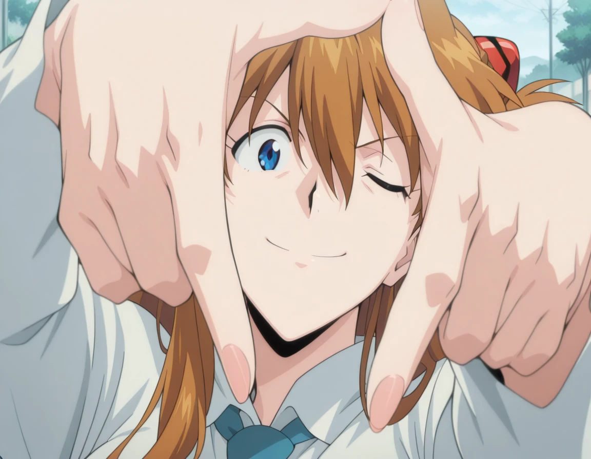 masterpiece, best quality, amazing quality,, <lora:asuka-langley-soryuu-rebuild-illustriousxl-lora-nochekaiser:1>, asuka langley soryu, souryuu asuka langley, long hair, bangs, blue eyes, brown hair, hair ornament, mature female, medium breasts, anime screencap,, <lora:yoshikage-kira-finger-frame-illustriousxl-lora-nochekaiser:1>, yoshikage kira finger frame, finger frame, hands up, outstretched arms, foreshortening, solo, looking at viewer, smile, upper body, outdoors, necktie, one eye closed, parody, meme,, , ,