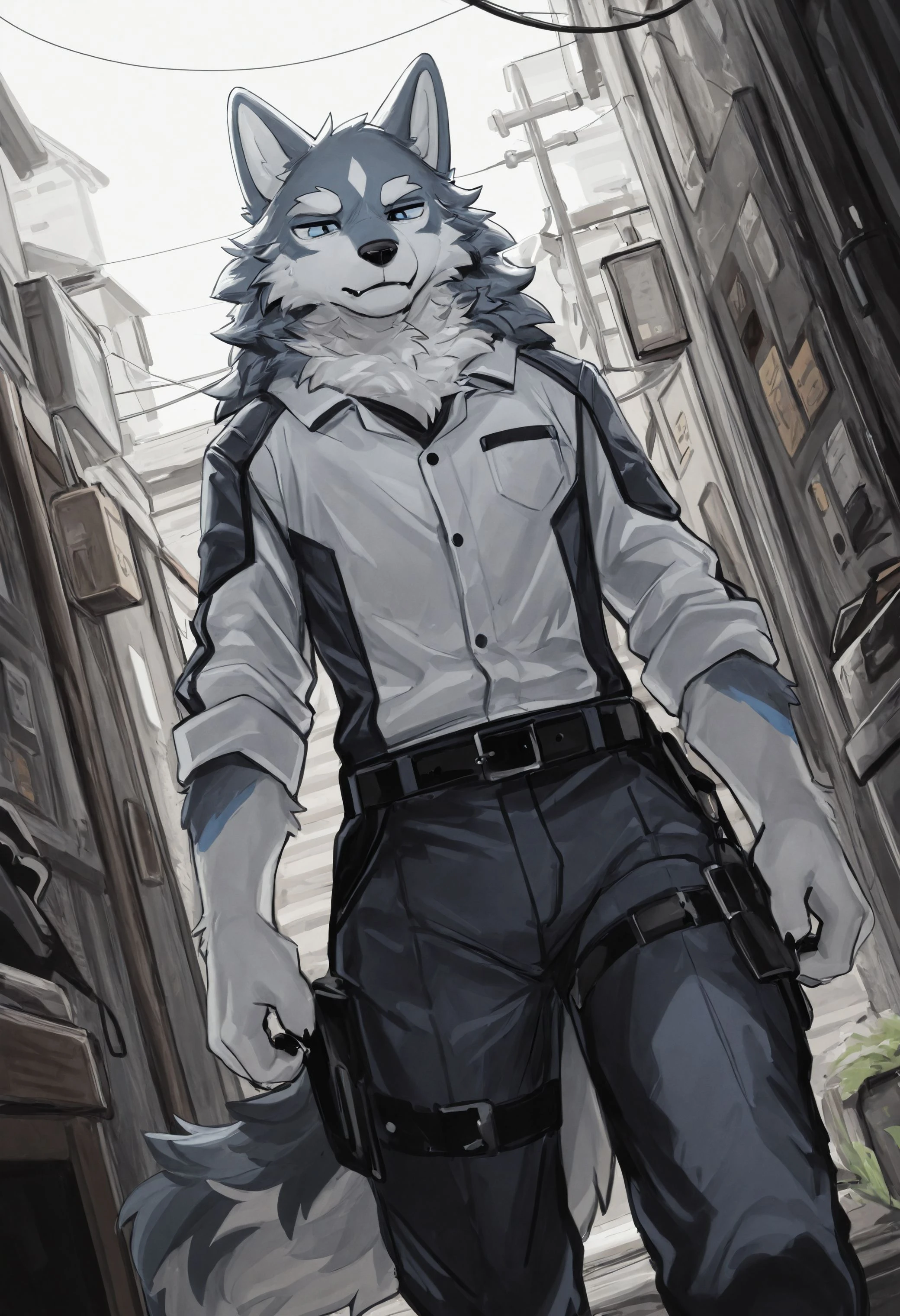 best quality, amazing quality, very aesthetic, absurdres, hires, newest, by dr_kiyo, solo, 1boy, furry, furry male, wolf, dutch angle, <lora:Dr.Kiyo_style_Illustrious:1>