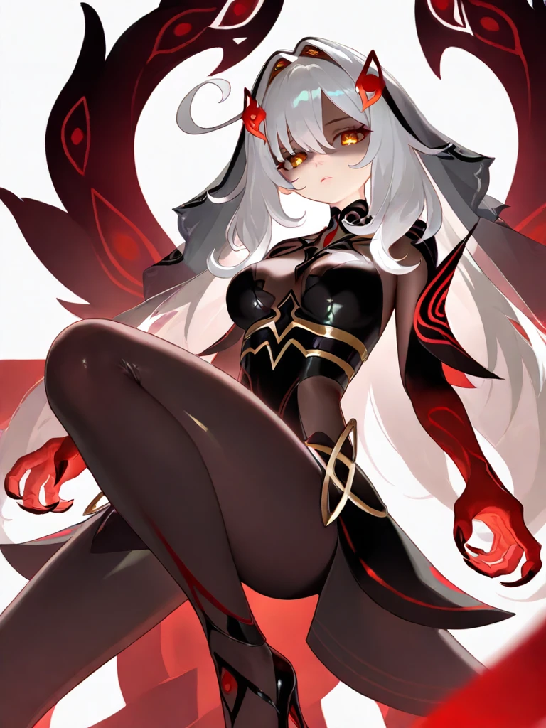 <lora:nyalia:0.6>,<lora:ronova_ill:1>,1girl, solo, simple background, white background, floating, looking down, looking at viewer, skin tight, gradient skin, two-tone skin, black skin, closed mouth, thick lips, pink lips, eye symbol, hair flowing over, hair intakes, white veil, black dress, see-through veil, shiny clothes, high heels, gradient wings, multicolored wings, head tilt, shaded face, powering up, black claws, see-through clothes, ronova (genshin impact), finger claws, black shoes, red claws