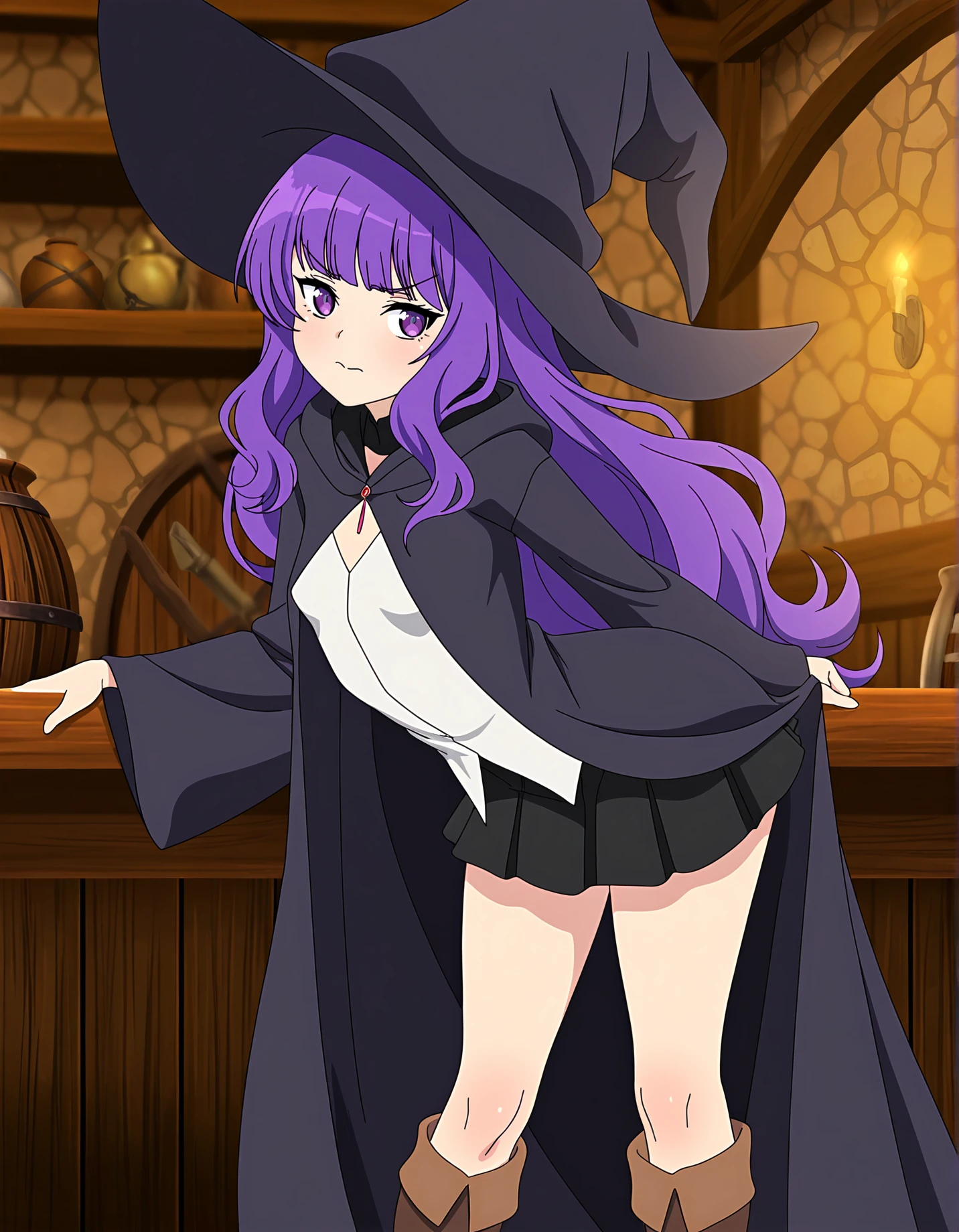 <lora:BTLeanne:0.4> btleanne, tiny , witch hat, black robe, white vest, black skirt, knee boots,
medieval fantasy tavern interior, <lora:Smooth Lighting Enhancer NoobAI:1>, SmoothNoob_Quality, best quality, masterpiece, absurdres, extreme details, standing, hip tilt and arched back, flirtatious