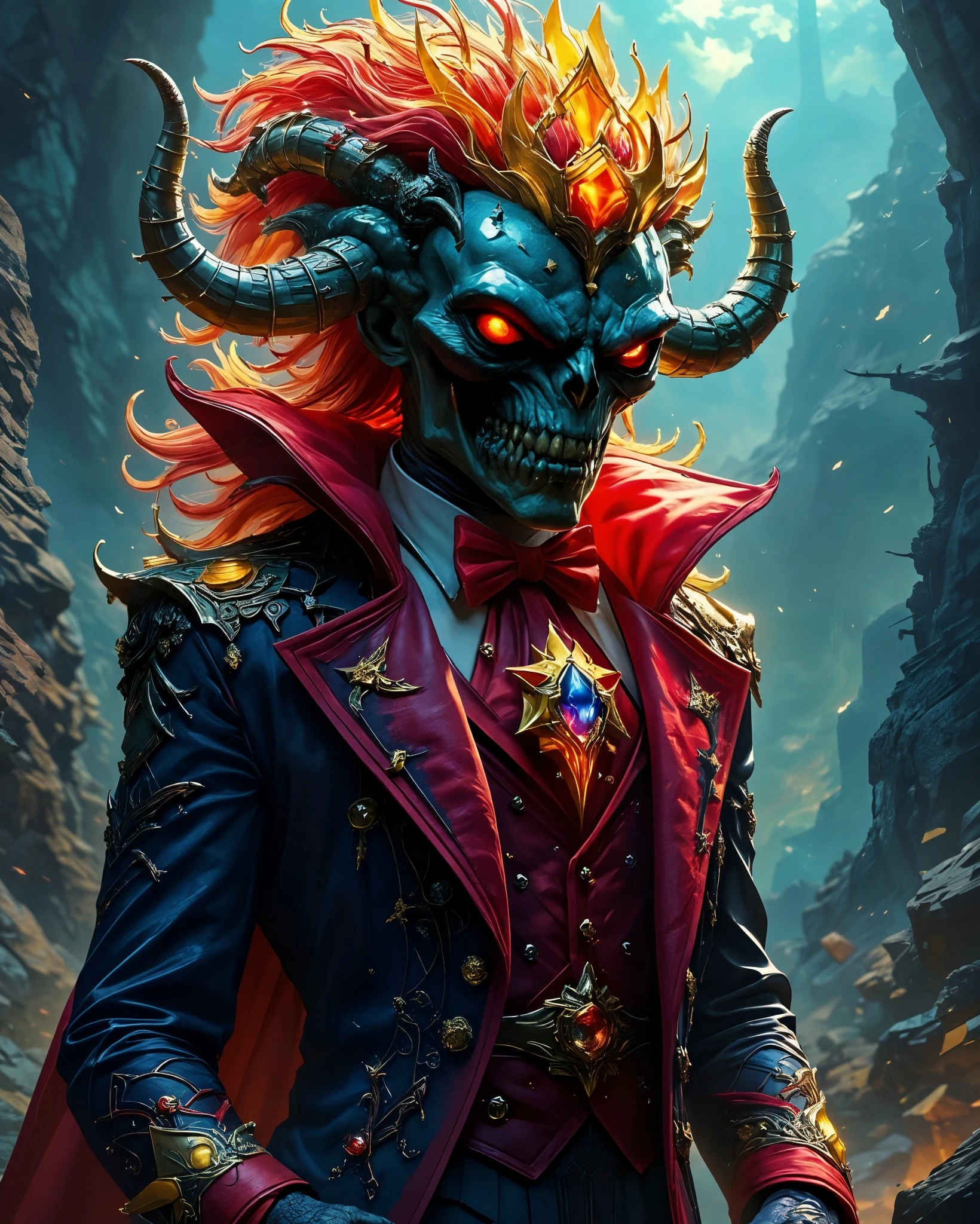 A male figure with a skeletal face and glowing red eyes, adorned with prominent horns and fiery, colorful hair. He wears an ornate, dark blue suit with a deep red cape and a high collar, embellished with intricate gold designs and colorful gemstones. The background features rocky terrain and a mystical atmosphere, enhancing the character's imposing presence.