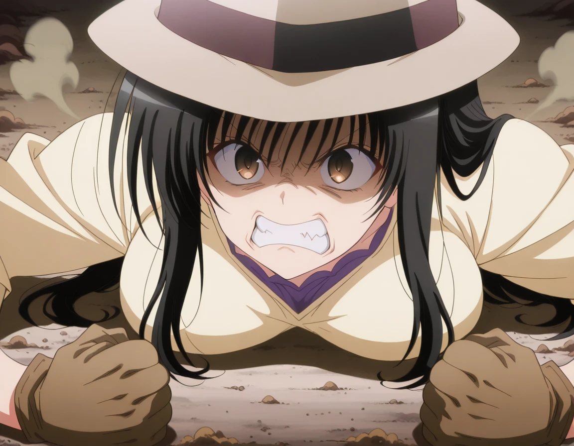 masterpiece, best quality, amazing quality,, <lora:yui-kotegawa-darkness-illustriousxl-lora-nochekaiser:1>, yui kotegawa, black hair, brown eyes, long hair, breasts, anime screencap, <lora:joseph-joestar-son-of-a-bitch-illustriousxl-lora-nochekaiser:1>, joseph joestar son of a bitch, solo, gloves, hat, teeth, clenched teeth, meme, shaded face, angry, clenched fists, fedora, on floor, dirt, steam,, , ,