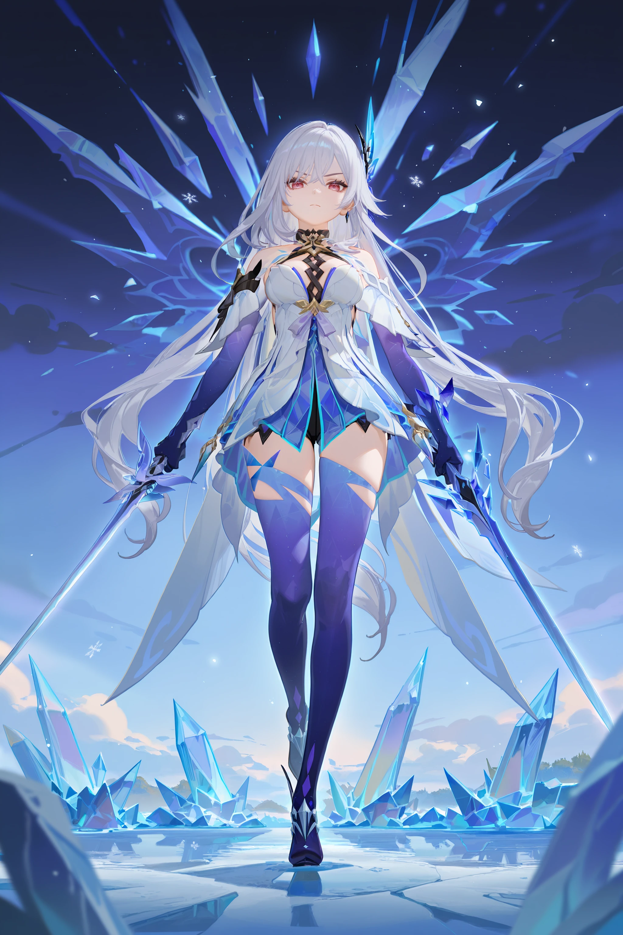 1girl, skirk \(genshin impact\), butterfly hair ornament, prosthetic leg, prosthetic arm, arm cuffs, white halter dress, chest tattoo, multicolored cape, winged high heels, full body, snowflakes, crystal, scenery, ice, crystal, looking at viewer, floating hair, glaring, holding sword <lora:Char-Genshin-Skirk-V2-IL:0.9>, ciloranko, alphonse \(white datura\), ask \(askzy\), gomzi, you shimizu
masterpiece, best quality, amazing quality, very aesthetic, absurdres, newest, (scenery, volumetric lighting)