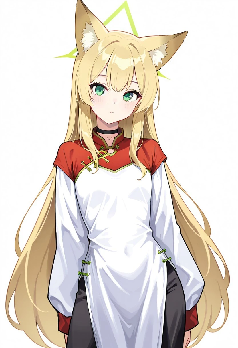 masterpiece,best quality,amazing quality,(perfect eyes:0.4),(beautiful eyes:0.5), perfect Light,
from front,(cowboy shot:1),(Fullbody:0.7),looking at viewer,solo,
white background,
kurumi, green eyes, blonde hair, very long hair, bangs, sidelocks, fox ears, triangle halo, choker, KungFuUniform, chinese clothes, red top, black pants