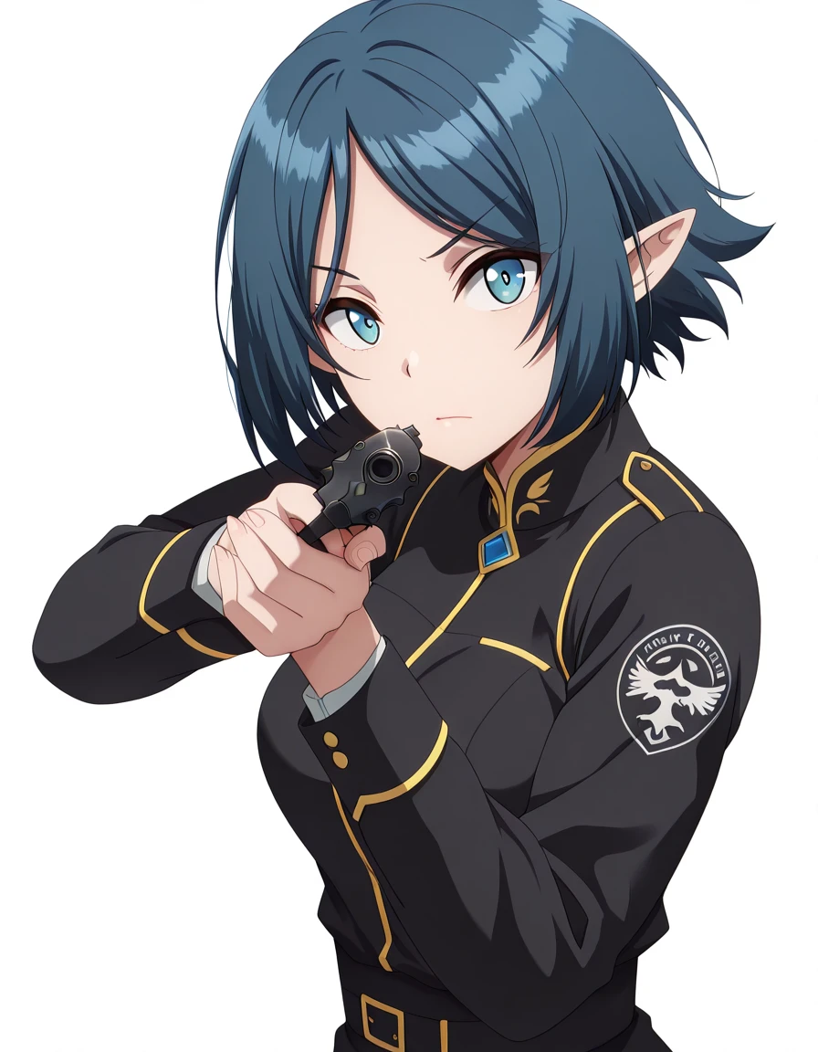 masterpiece, best quality, amazing quality,, <lora:no664-s1-illustriousxl-lora-nochekaiser:1>, no664, short hair, blue eyes, blue hair, pointy ears, elf, mature female, medium breasts, anime screencap, <lora:center-axis-relock-stance-illustriousxl-lora-nochekaiser:1>, center axis relock stance, looking at viewer, holding, closed mouth, weapon, holding weapon, gun, holding gun, handgun, aiming, finger on trigger, aiming at viewer, m1911,, , <lora:transparent-background-illustriousxl-lora-nochekaiser:1>, transparent background, simple background, white background