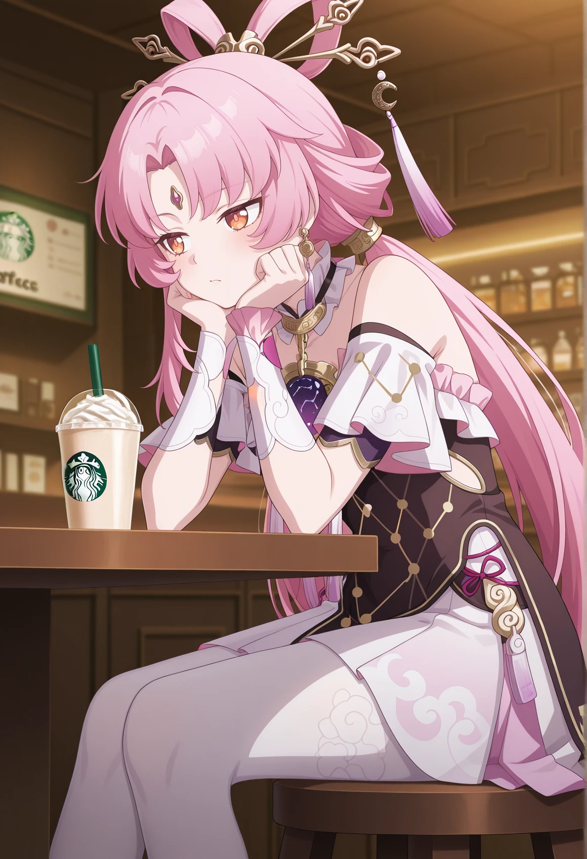anime screencap, anime screenshot, 1girl, anime coloring, pink hair, orange eyes, low twintails, single sidelock, hair ornament, forehead jewel, earrings, chinese clothes, jewelery, detached collar, medallion, constelation, short dress, constellation print, white pantyhose, wristband, frills, sitting, holding drink, starbucks, drinking straw, head rest, stool, indoors  <lora:Fu_xuan_illus:1>, masterpiece, best quality, amazing quality, very aesthetic, absurdres, highres, newest