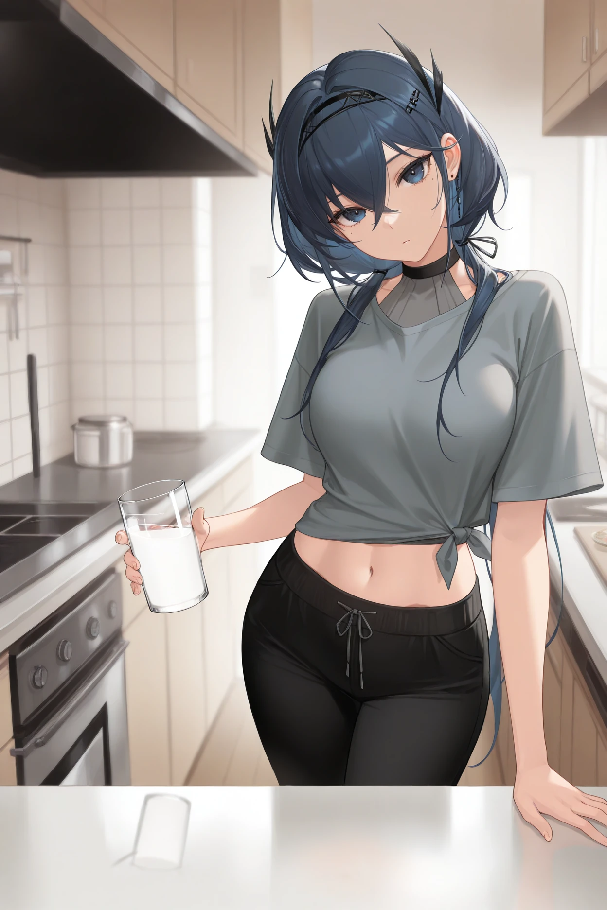 masterpiece, best quality, 1girl, solo, <lora:cantabile-illu-nvwls-v1-000007:1> ctbl, dark blue hair, dark blue eyes, hair between eyes, mole under eye, long hair, hair ornament, hairband, grey t-shirt, black pants, capri pants, navel, kitchen, looking at viewer, holding glass of milk, head tilt