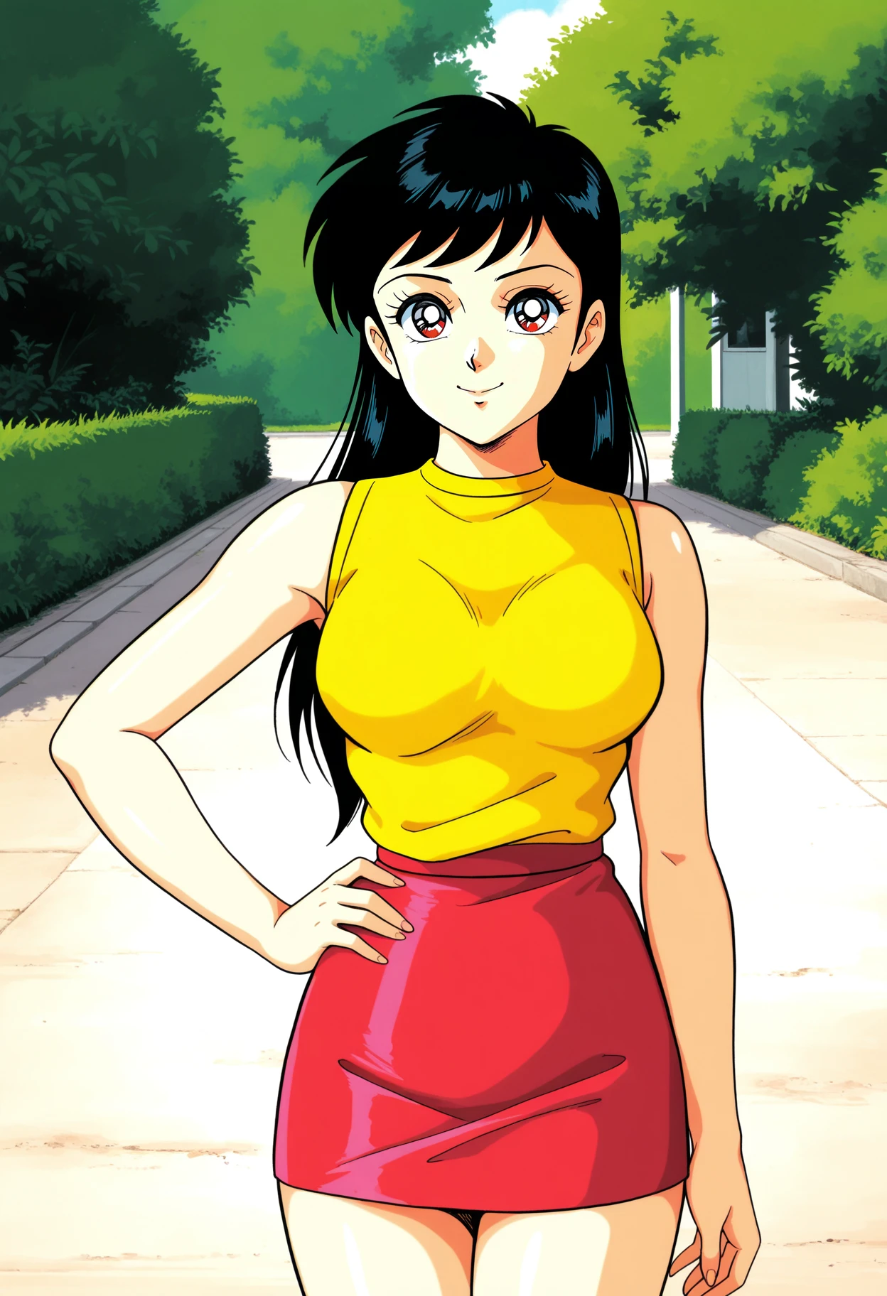 1girl,solo,mm,mature female,long hair,retro artstyle,black hair,
sleeveless, yellow shirt,red skirt,miniskirt, hand on own hip, looking at viewer, smile,outdoors,cowboy shot,
,masterpiece,best quality,amazing quality,<lora:Mitsuko_Jubei_Yagyu-Harenchi_Gakuen-IL:0.8>