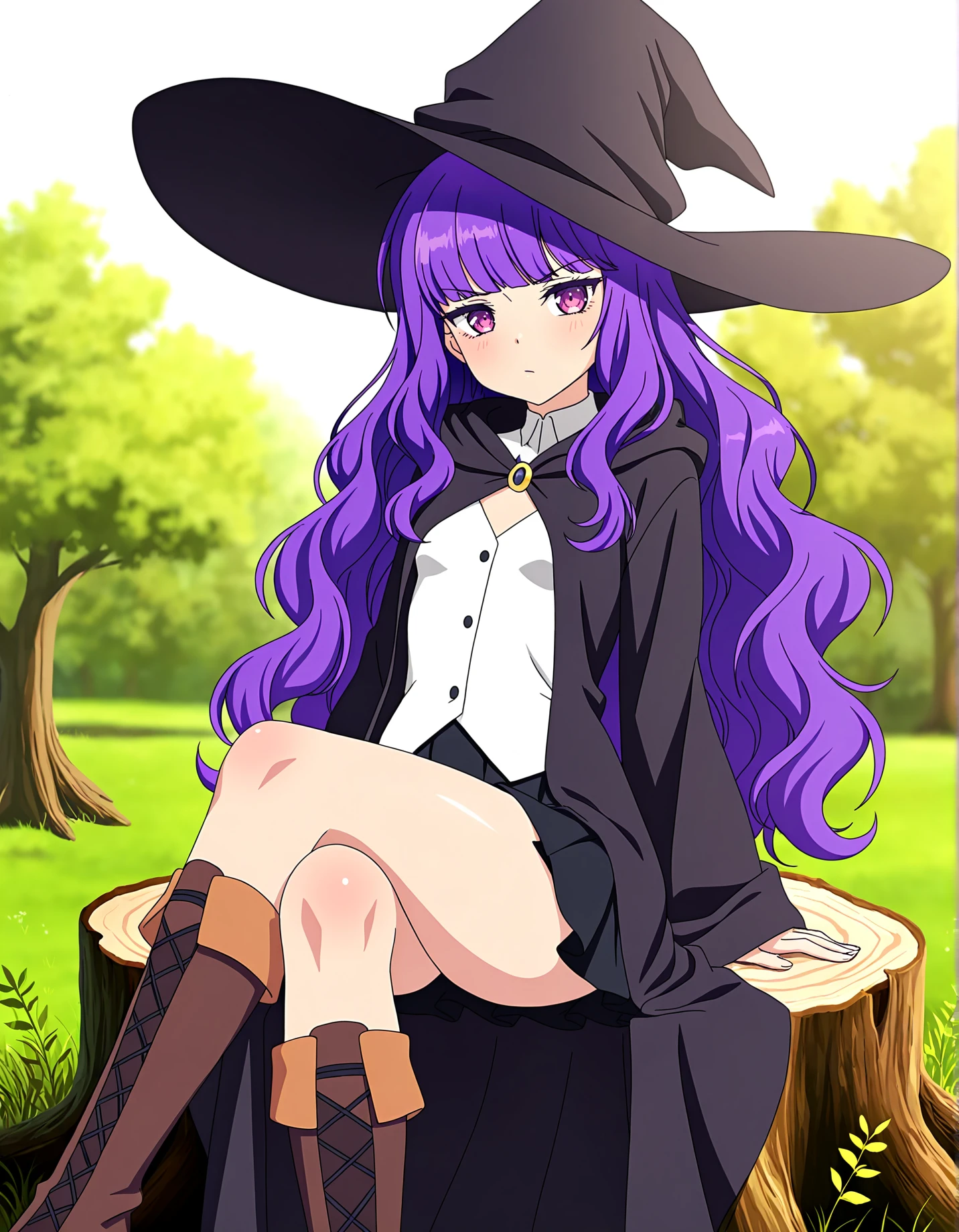 <lora:BTLeanne:0.4> btleanne, tiny , witch hat, black robe, white vest, black skirt, knee boots,
sitting, outdoors, treestump, legs crossed, looking at viewer, <lora:Smooth Lighting Enhancer NoobAI:1>, SmoothNoob_Quality, best quality, masterpiece, absurdres, extreme details