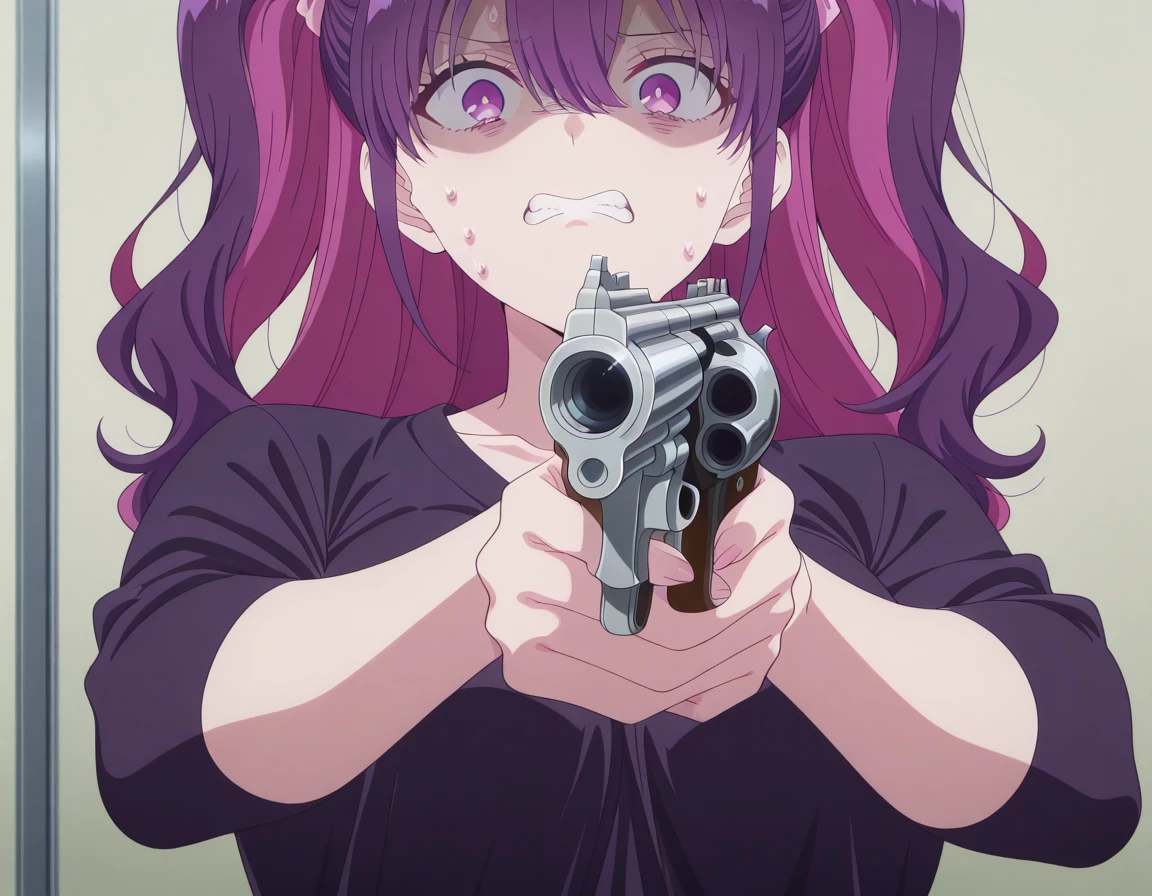 masterpiece, best quality, amazing quality,, <lora:mikari-tachibana-s1-illustriousxl-lora-nochekaiser:1>, mikari tachibana, long hair, bangs, hair between eyes, twintails, purple eyes, pink hair, purple hair, multicolored hair, two-tone hair, two side up, mature female, small breasts, anime screencap, <lora:misa-guido-okay-narancia-illustriousxl-lora-nochekaiser:1>, misa guido okay narancia, solo, looking at viewer, holding, weapon, holding weapon, gun, parody, holding gun, handgun, aiming, nervous, teeth, shaded face, clenched teeth, revolver,, , ,