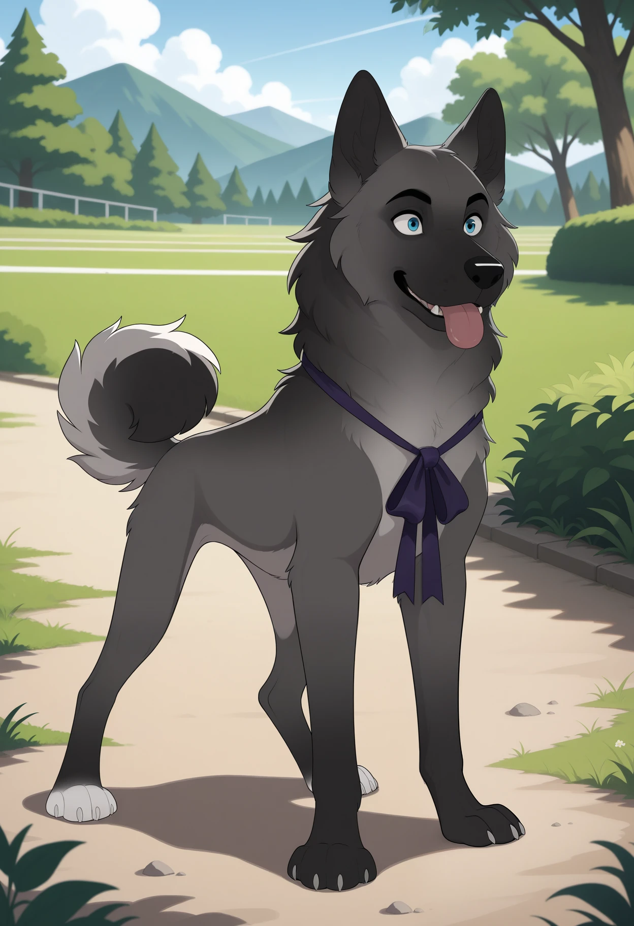 masterpiece,best quality,amazing quality, 1boy, solo, b4lt4z4r, dog, light grey fur, multicolored fur, white toes, blue eyes, purple neck ribbon, full body, outside,