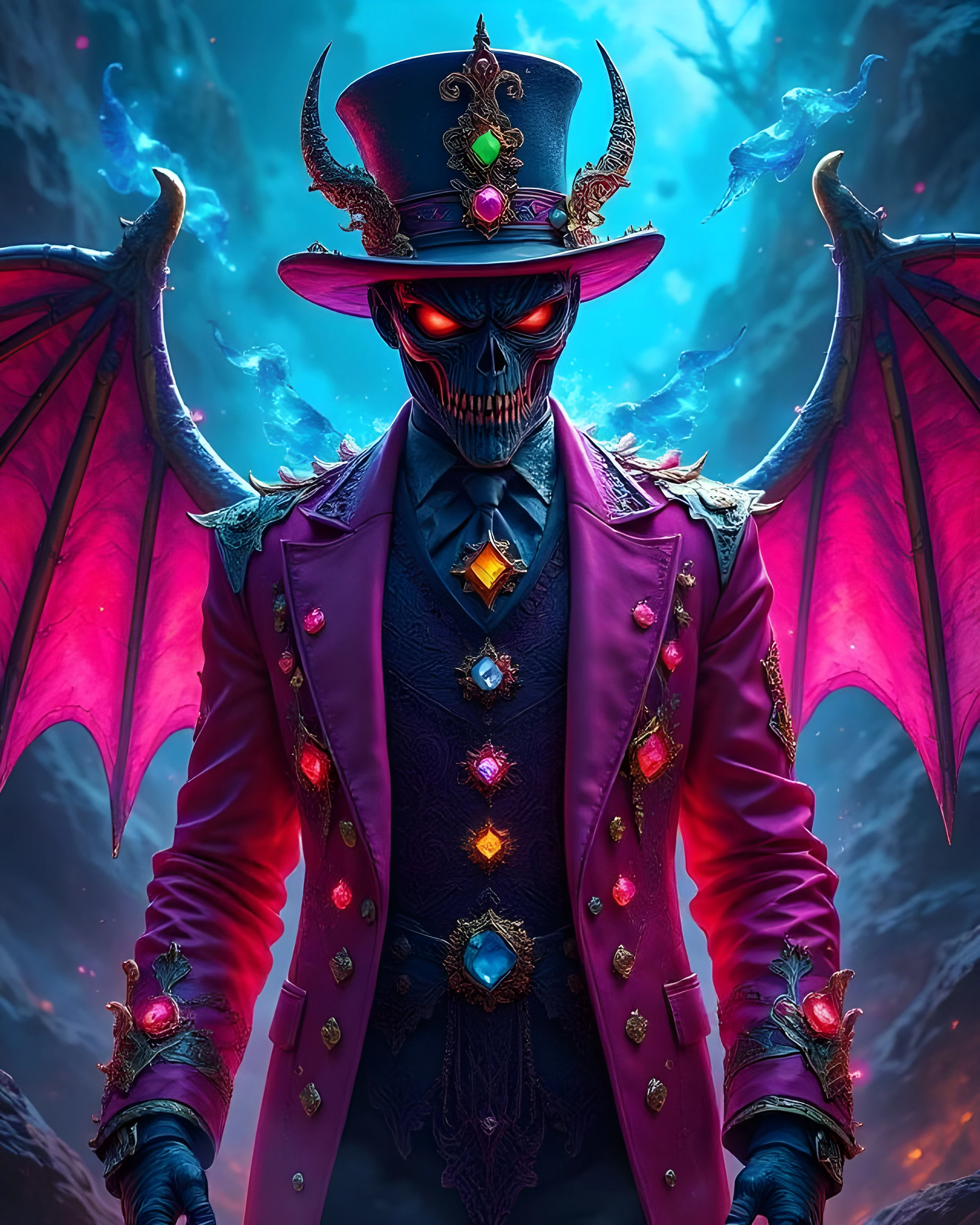 A fantastical character stands prominently, featuring a glowing skull with fiery red eyes. Dressed in an ornate, purple coat adorned with colorful gemstones and intricate gold detailing, the figure exudes a blend of elegance and menace. Large, bat-like wings extend from the back, complementing a tall, embellished top hat with a dramatic design. An ethereal, misty background with hints of blue and purple enhances the supernatural atmosphere.