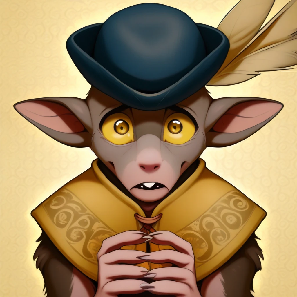 boc_eldenring, 1boy, solo, furry male, yellow sclera, yellow eyes, buck teeth, fang, parted lips, frown, surprised, wide-eyed, pointy ears, blue hat, hat feather, yellow feather, masterpiece, absurdres, amazing quality, hires, ultra detailed, best quality, yellow capelet, patterned clothes, upper body, close-up, own hands together, hands up, finger claws, looking at viewer, head, patterned background, drop shadow, perfect lighting, detailed shading,