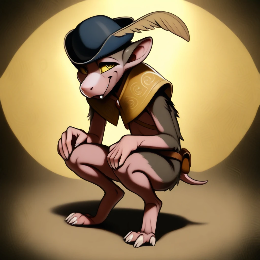 boc_eldenring, 1boy, solo, furry male, yellow sclera, yellow eyes, half-closed eyes, buck teeth, fang, closed mouth, smile, pointy ears, blue hat, hat feather, short tail, rat tail, yellow feather, masterpiece, absurdres, amazing quality, hires, ultra detailed, best quality, full body, yellow capelet, patterned clothes, belt, pouch, body fur, elbow tuft, bottomless, no penis, squatting, digitigrade, claws, finger claws, toe claws, hands on knees, looking at viewer, head down, abstract background, shadow, perfect lighting, detailed shading