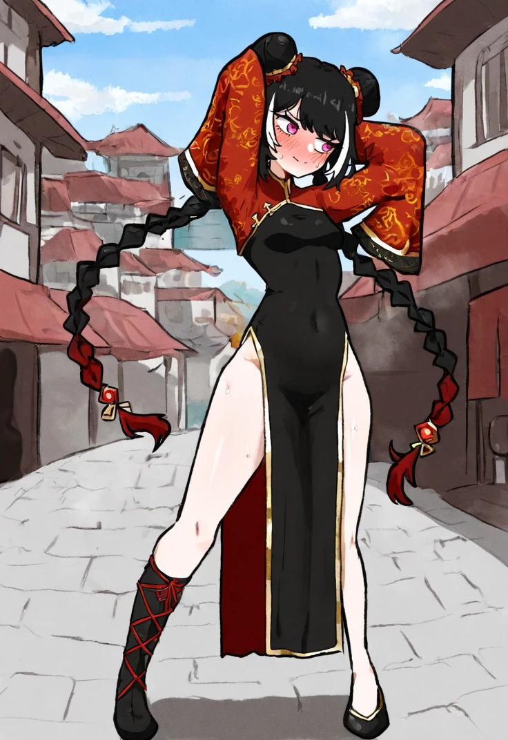 masterpiece, perfect face, beautiful face, perfect hands, beautiful hands, <lora:CatnipStyle_Illustrious:1>, CatnipStyle, 1girl, solo, <lora:Jia_Xichun_Illustrious:0.4>, JiaXichunLimbus, long hair, four long braids, multicolored hair, black hair, white hair, double bun, red hair ornament, pink eyes, chinese clothes, black cheongsam, red sleeves, wide sleeves, gold trim, slit left side, black footwear, asymmetrical footwear, outdoors, medieval chinese city, day, hands behind head, looking away, heavy blush, shy, small