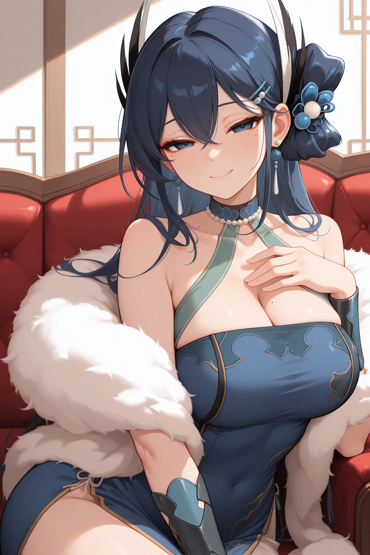 masterpiece, best quality, 1girl, solo, <lora:cantabile-illu-nvwls-v1-000007:1> ctbl, dark blue hair, dark blue eyes, hair between eyes, mole under eye, long hair, hair ornament, folded hair, earrings, hairclip, choker, bare shoulders, cleavage, blue dress, china dress, feather boa, bracer, large breasts, sitting, couch, looking at viewer, smile, half-closed eyes, hand on own chest
