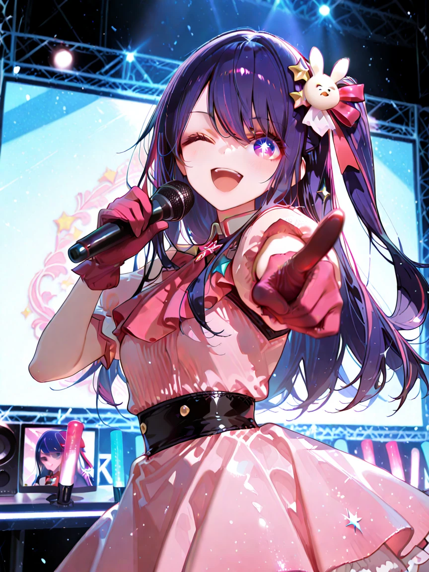 masterpiece, best quality, top quality, good quality, newest, highres, absurdres,
BREAK
very awa, absolutely eye-catching, illustration, CG,
BREAK
perfect composition, eye reflection, shiny hair, (gradient eyes),
BREAK
1girl, solo, hoshino ai, oshi no ko,purple hair, purple eyes, long hair, symbol-shaped pupils, star-shaped pupils, star \(symbol\),
microphone, one eye closed, gloves, holding microphone, hair ornament, smile, pink dress, open mouth, idol, pointing, pointing at viewer,
monitor, stage, penlight \(glowstick\)
masterpiece, good quality, very aesthetic, absurdres, newest,