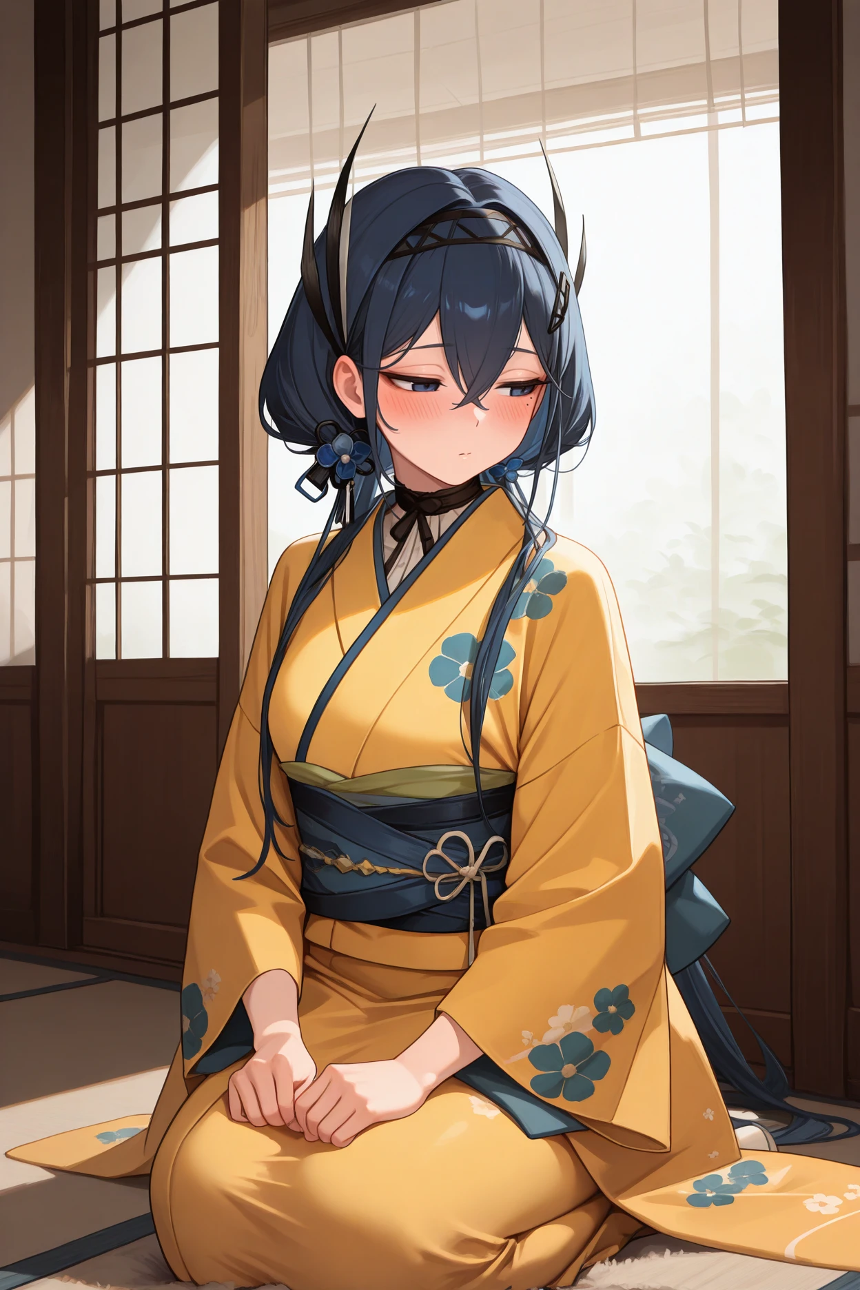 masterpiece, best quality, 1girl, solo, <lora:cantabile-illu-nvwls-v1-000007:1> ctbl, dark blue hair, dark blue eyes, hair between eyes, mole under eye, long hair, hair ornament, hairband, yellow kimono, sash, floral print, wide sleeves, seiza, looking to the side, blush, half-closed eyes, indoors