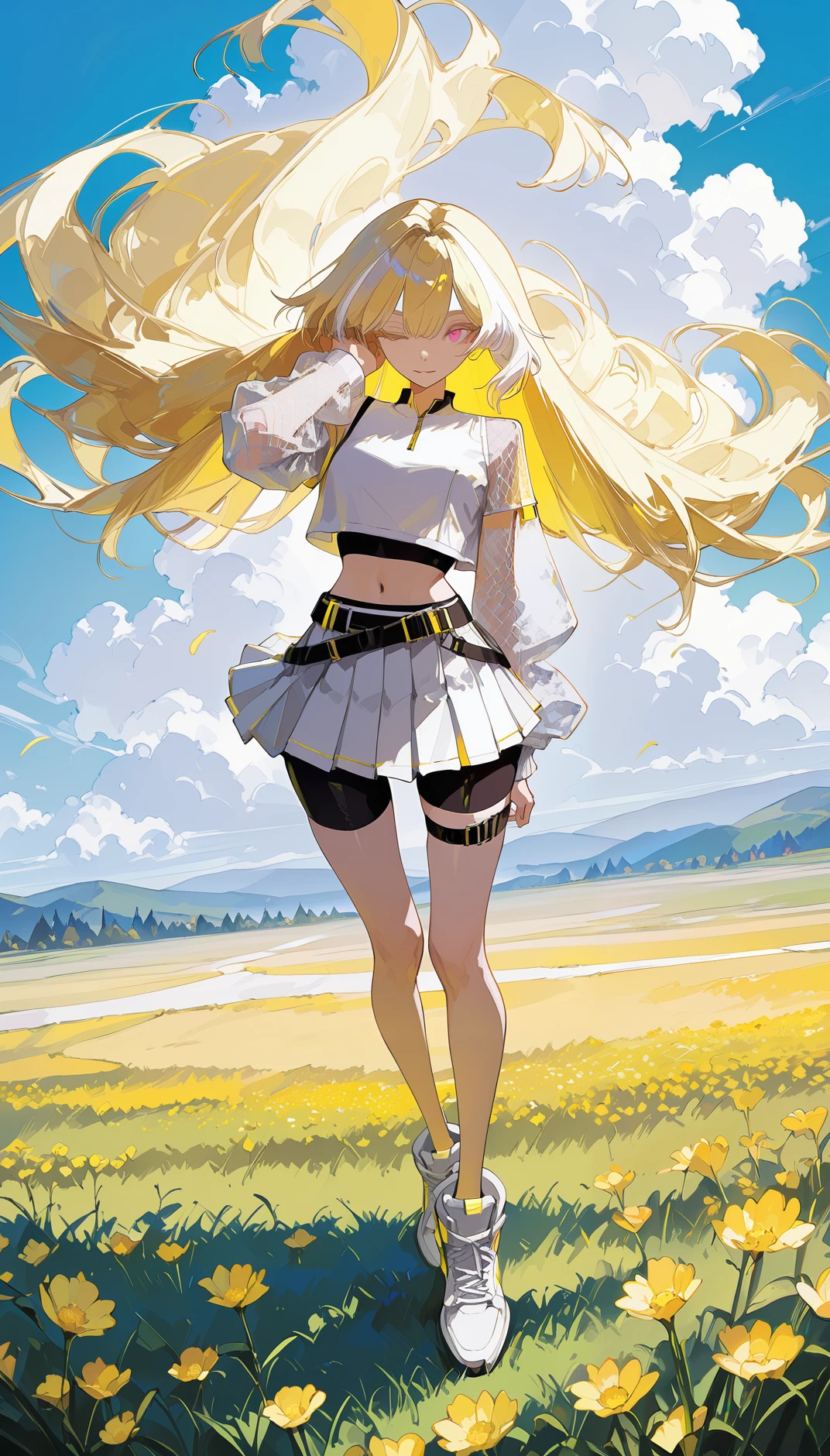 Flatline, Flat vector illustration, masterpiece, best quality, amazing quality, very aesthetic, absurdres,  newest, scenery,
, one eye closed, Balancing on one foot, pretending to be a scarecrow, full body, from above, , AeroStriker, 1girl,blonde hair, very long hair,multicolored hair,  white highlighted hair, pink eyes,white crop top, mesh sleeves,
tennis skirt, very short skirt, pleated mini skirt, white skirt, yellow accent, belt, sporty fashion,tight black shorts under skirt,white  high-top sneakers, white sneakers, yellow trim shoes, thigh straps, mesh clothing, midriff, exposed navel,
,
yellow and white theme,
wide grasslands, wind sweeping through tall grass, vibrant wildflowers blooming, clear blue sky above, gentle sunlight, scattered fluffy clouds,, animated, dynamic angle, close-up,portrait, fisheye lens, detailed face,colorful, close-up, masterpiece, best quality, amazing quality, very aesthetic, absurdres, newest, scenery, volumetric lighting