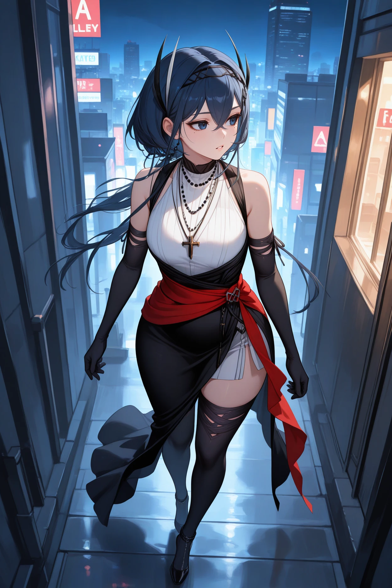 masterpiece, best quality, 1girl, solo, <lora:cantabile-illu-nvwls-v1-000007:1> ctbl, dark blue hair, dark blue eyes, hair between eyes, mole under eye, long hair, hair ornament, hairband, necklace, white shirt, sleeveless shirt, black dress, red sash, black gloves, elbow gloves, black thighhighs, city, night, alleyway, full body, walking, looking to the side, parted lips