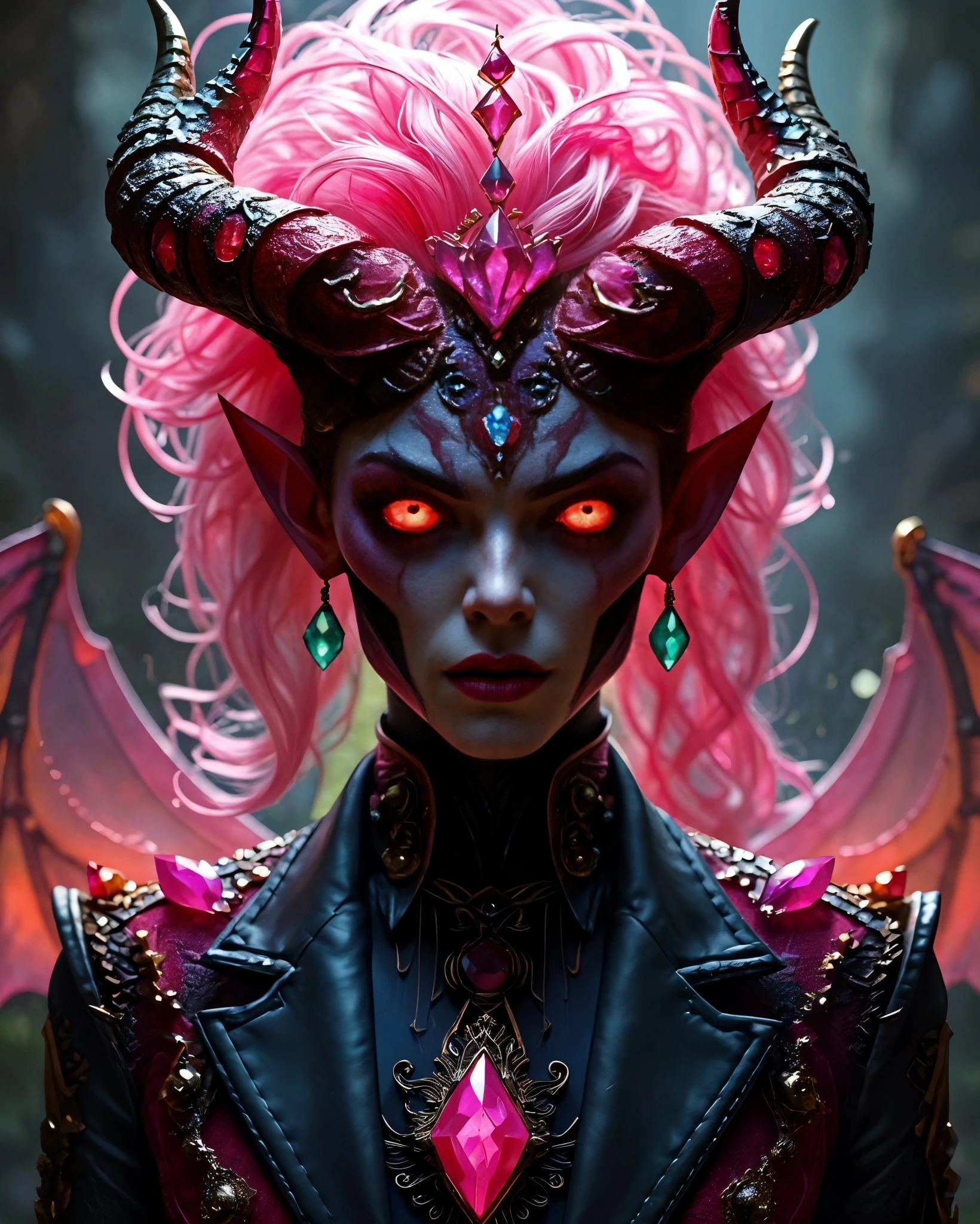 A striking portrait of a character with fantasy elements, featuring vibrant pink hair styled in dramatic curls. Her skin is pale, enhancing the fiery red glow of her eyes. She has large, ornate horns, intricately decorated with jewels, and elegant, pointed ears. The character wears a stylish black leather jacket adorned with vivid pink and green gemstones, with a high collar and elaborate detailing. Delicate, translucent wings extend from her back, contributing to her otherworldly appearance. The background suggests a mystical, shadowy forest setting.
