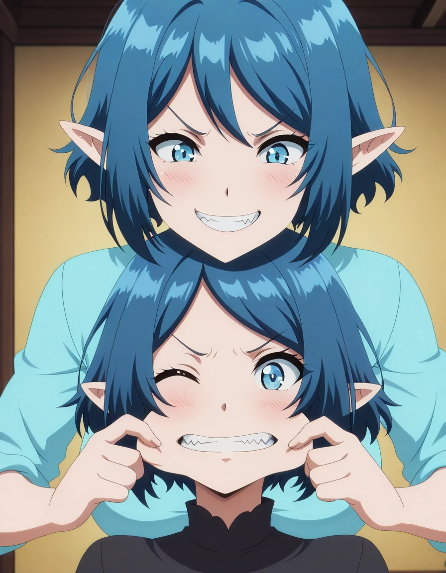 masterpiece, best quality, amazing quality,, <lora:no664-s1-illustriousxl-lora-nochekaiser:1>, no664, short hair, blue eyes, blue hair, pointy ears, elf, mature female, medium breasts, anime screencap, <lora:double-cheek-pull-illustriousxl-lora-nochekaiser:1>, double cheek pull, blush, smile, open mouth, one eye closed, teeth, grin, pinching, cheek pinching, angry,, ,