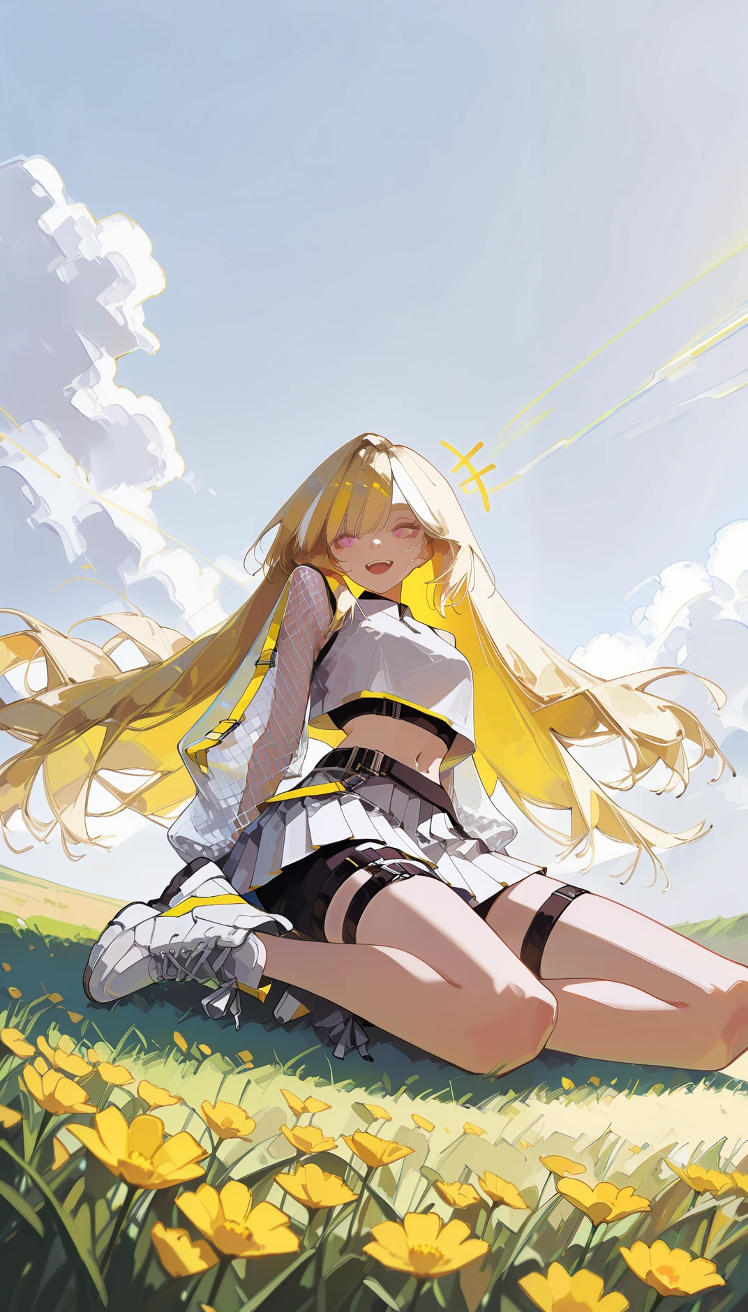 Flatline, Flat vector illustration, masterpiece, best quality, amazing quality, very aesthetic, absurdres, newest, scenery,
, laughing, +++, Sitting cross-legged, full body, from below, , AeroStriker, 1girl,blonde hair, very long hair,multicolored hair, white highlighted hair, pink eyes,white crop top, mesh sleeves,
tennis skirt, very short skirt, pleated mini skirt, white skirt, yellow accent, belt, sporty fashion,tight black shorts under skirt,white high-top sneakers, white sneakers, yellow trim shoes, thigh straps, mesh clothing, midriff, exposed navel,
,
yellow and white theme,
wide grasslands, wind sweeping through tall grass, vibrant wildflowers blooming, clear blue sky above, gentle sunlight, scattered fluffy clouds,, animated, dynamic angle, close-up,portrait, fisheye lens, detailed face,colorful, close-up, masterpiece, best quality, amazing quality, very aesthetic, absurdres, newest, scenery, volumetric lighting