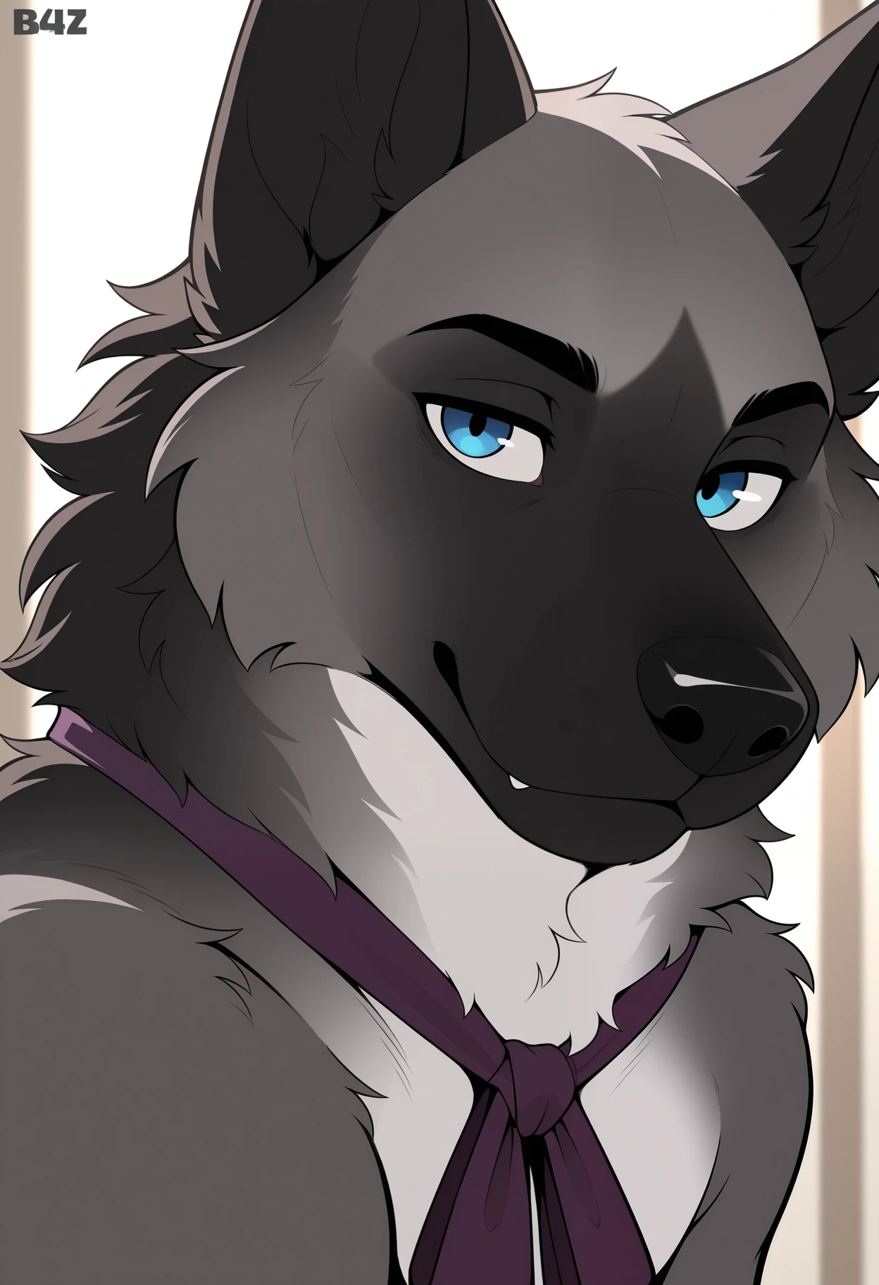 masterpiece,best quality,amazing quality, 1boy, solo, b4lt4z4r, anthro dog, light grey fur, multicolored fur, blue eyes, purple neck ribbon, close up, side angle, looking at viewer,