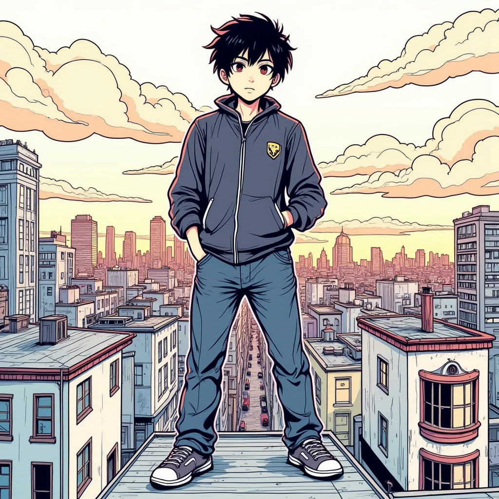 A color line drawing a manga fanboy, standing on a rooftop in the city.
neomngaCE_style