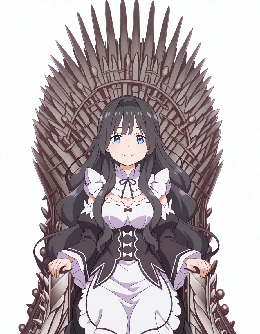 masterpiece, best quality, amazing quality,, <lora:kaoruko-waguri-alpha-illustriousxl-lora-nochekaiser:1>, kaoruko waguri, long hair, blue eyes, black hair, very long hair, sidelocks, hairband, wavy hair, hair intakes, black hairband, mature female, , anime screencap, <lora:rezero-rem-cosplay-illustriousxl-lora-nochekaiser:1>, rezero rem cosplay, rem (re:zero) (cosplay), roswaal mansion maid uniform, cosplay, maid, enmaided, underbust, detached sleeves,, <lora:iron-throne-illustriousxl-lora-nochekaiser:1>, iron throne, sitting, looking at viewer, sword, throne, sitting on throne, smile,, , <lora:transparent-background-illustriousxl-lora-nochekaiser:1>, transparent background, simple background, white background