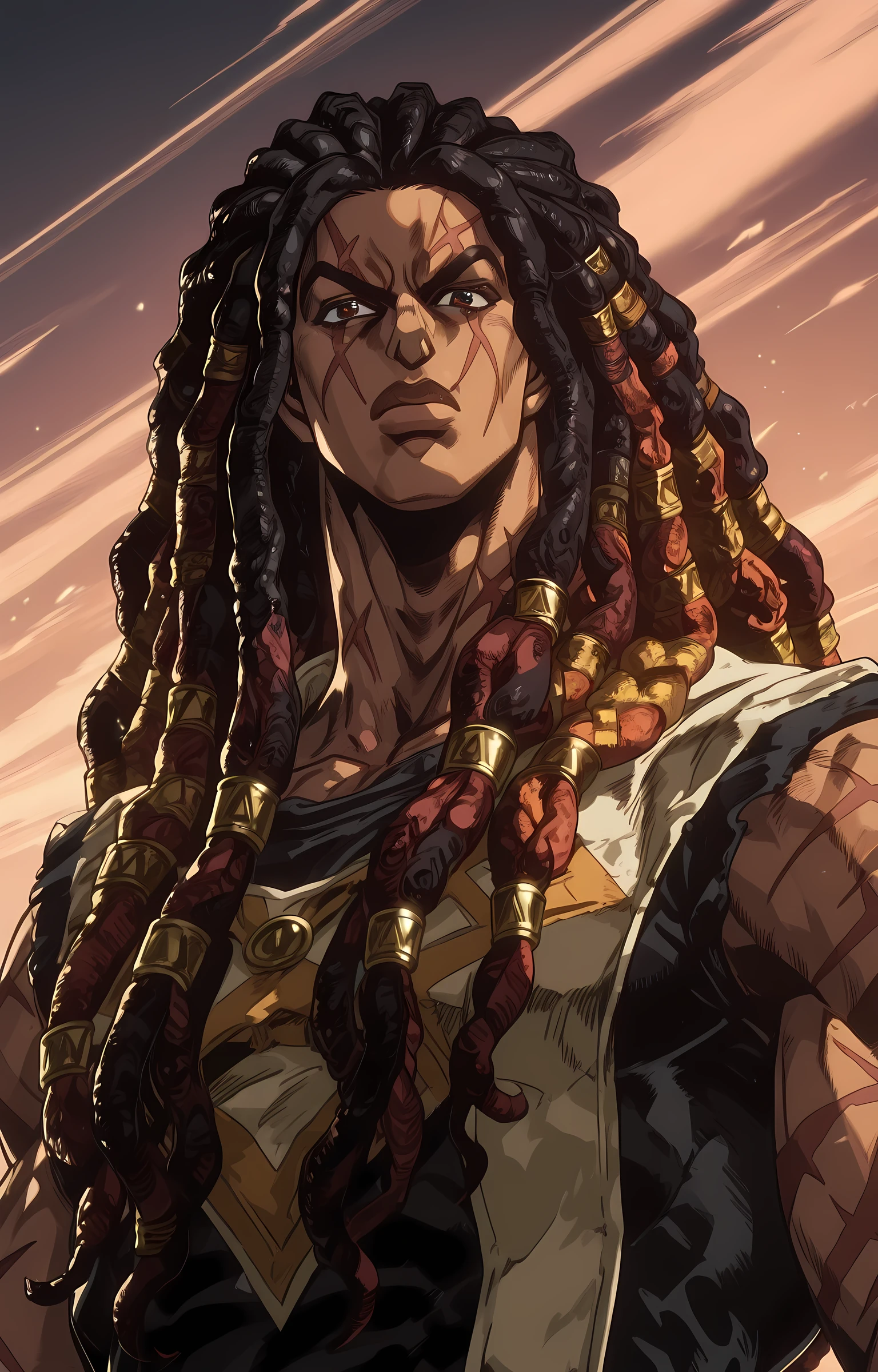 masterpiece, best quality, amazing quality, dutch angle, abstract background, BREAK
1boy, solo, male focus, sf_necalli, black hair, dreadlocks, long hair, scars, face only, closeup, BREAK
<lora:Necalli - Street Fighter - ILXL:1> <lora:jojo_bizarre_adventure_style_illustriousXL-000031:1> jba_style
