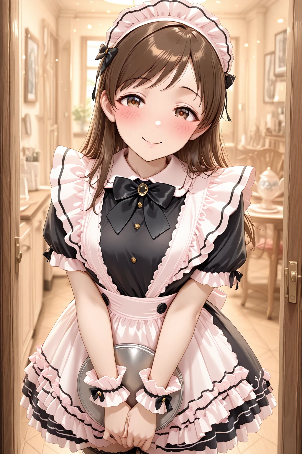 masterpiece, best quality, amazing quality, 1girl, solo, makeup, general, cowboy shot, looking at viewer, blush, smile, office, indoors, holding tray, teacup, fancy, blush, lovely, looking at viewer, <lora:Nitta_Minami_Cinderella:1>, Nitta_Minami_Cinderella, long hair, brown hair, brown eyes, breasts, <lora:Cute_Bow_Ruffles_Apron_French_Maid_Dress:1>, Cute_Bow_Ruffles_Apron_French_Maid_Dress, dress, bow, ribbon, short sleeves, frills, bowtie, black dress, apron, maid, black bow, frilled dress, maid apron, frilled apron, black bowtie, maid headdress, wrist cuffs, thighhighs, <lora:wai-2Rectified-V140:1>, <lora:illustrious_noobai_epsilon_pred_1_masterpieces_v1:1>