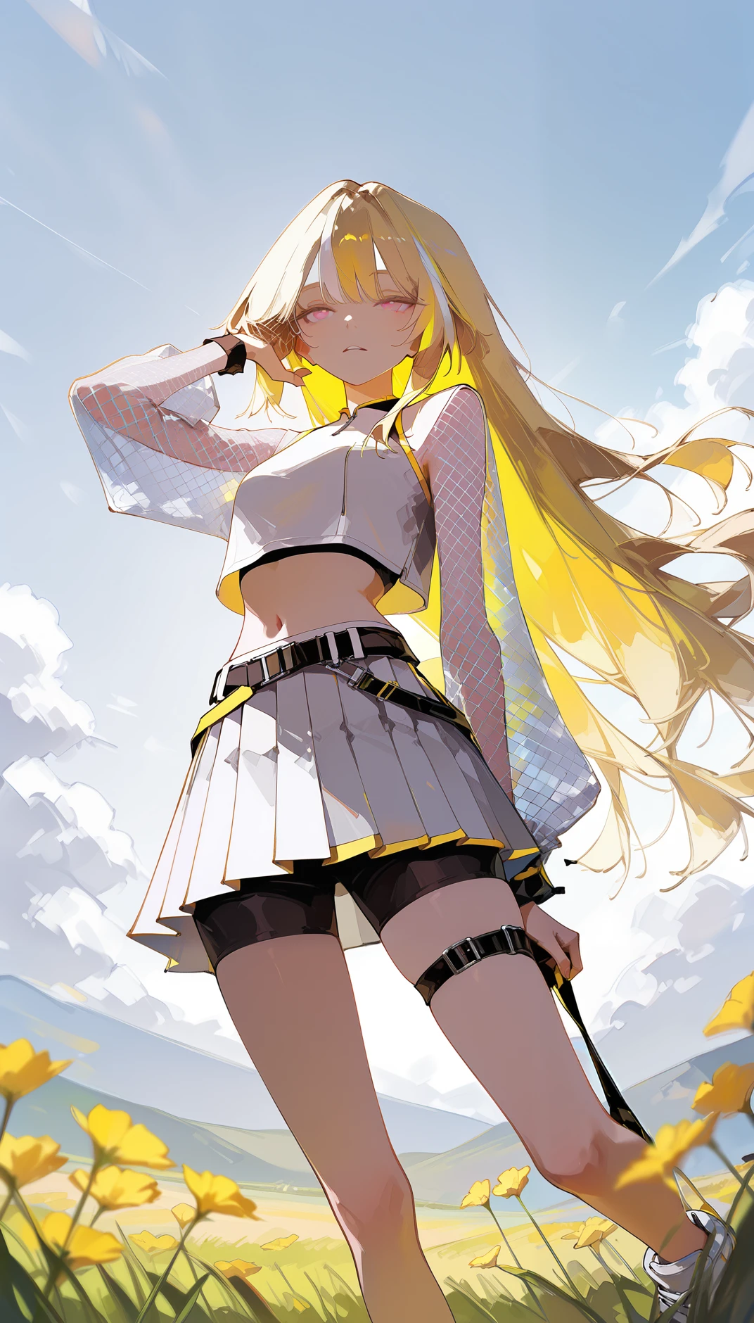 Flatline, Flat vector illustration, masterpiece, best quality, amazing quality, very aesthetic, absurdres, newest, scenery,
, Sleepy, Posing as if pulling a rope, upper body, from below, , AeroStriker, 1girl,blonde hair, very long hair,multicolored hair, white highlighted hair, pink eyes,white crop top, mesh sleeves,
tennis skirt, very short skirt, pleated mini skirt, white skirt, yellow accent, belt, sporty fashion,tight black shorts under skirt,white high-top sneakers, white sneakers, yellow trim shoes, thigh straps, mesh clothing, midriff, exposed navel,
,
yellow and white theme,
wide grasslands, wind sweeping through tall grass, vibrant wildflowers blooming, clear blue sky above, gentle sunlight, scattered fluffy clouds,, animated, dynamic angle, close-up,portrait, fisheye lens, detailed face,colorful, close-up, masterpiece, best quality, amazing quality, very aesthetic, absurdres, newest, scenery, volumetric lighting