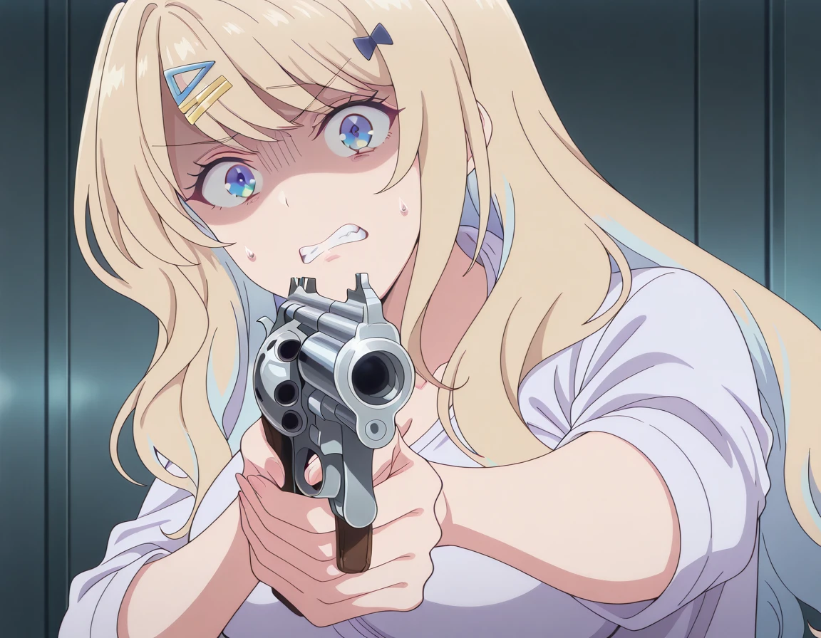 masterpiece, best quality, amazing quality,, <lora:luna-shirakawa-s1-illustriousxl-lora-nochekaiser:1>, luna shirakawa, long hair, blue eyes, blonde hair, hair ornament, bow, multicolored hair, hairclip, mature female, medium breasts, anime screencap, <lora:misa-guido-okay-narancia-illustriousxl-lora-nochekaiser:1>, misa guido okay narancia, solo, looking at viewer, holding, weapon, holding weapon, gun, parody, holding gun, handgun, aiming, nervous, teeth, shaded face, clenched teeth, revolver,, , ,
