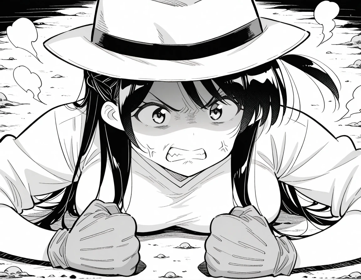 masterpiece, best quality, amazing quality,, <lora:chizuru-ichinose-manga-illustriousxl-lora-nochekaiser:1>, chizuru ichinose, mizuhara chizuru, long hair, bangs, one side up, greyscale, monochrome, mature female, breasts, <lora:joseph-joestar-son-of-a-bitch-illustriousxl-lora-nochekaiser:1>, joseph joestar son of a bitch, solo, gloves, hat, teeth, clenched teeth, meme, shaded face, angry, clenched fists, fedora, on floor, dirt, steam,, , ,