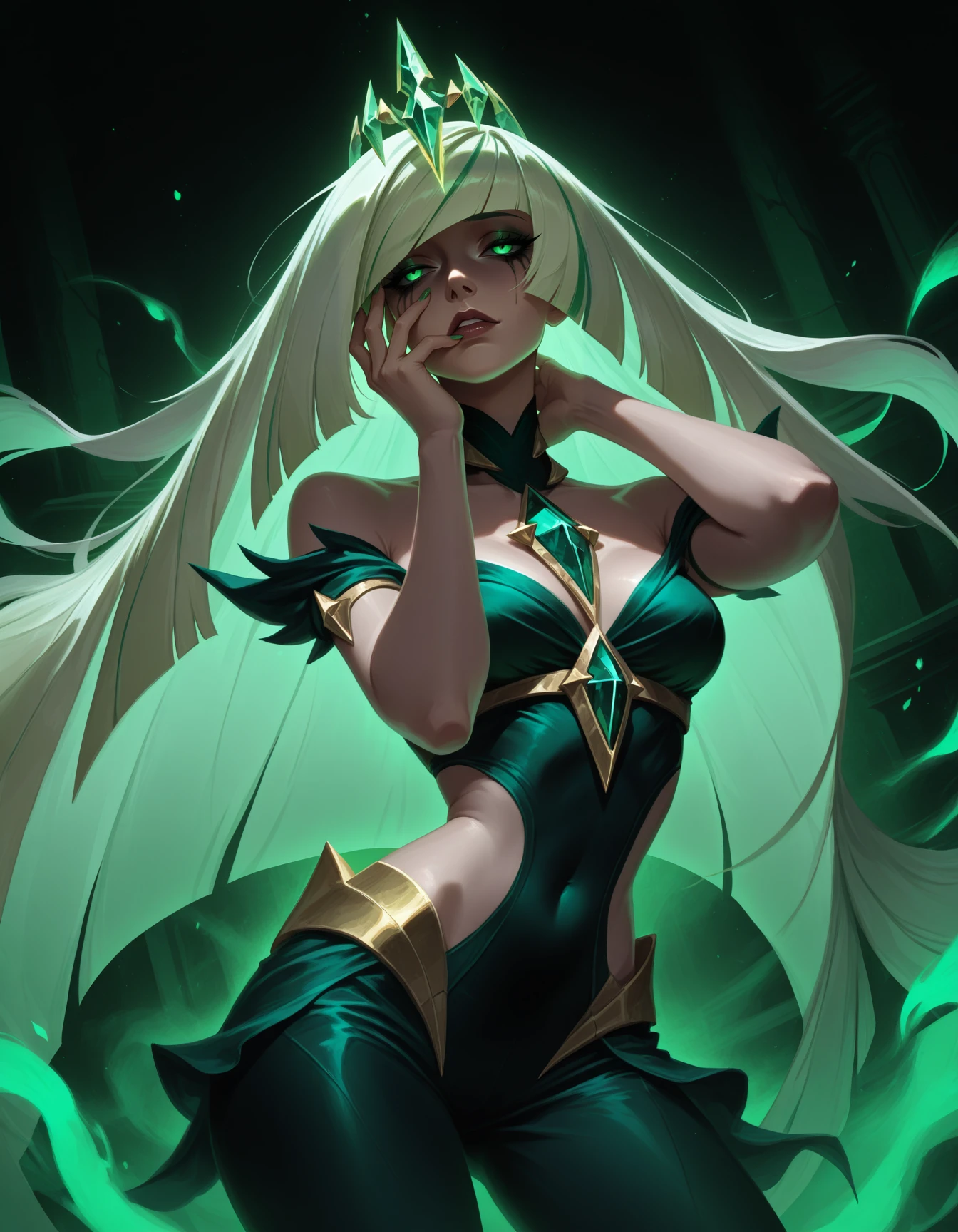 1girl,lusamine \(pokemon\), green hair, white hair, multicolored hair, green flames, ru1n3d-style, (traditional media \(artwork\), painterly), ethereal, (floating tiara) ,dutch angle, ornate clothing, pose, green theme, green fingernails, contrapposto, sad, runny makeup <lora:RuinedILXL:1.2> hand to face, yandere trance masterpiece, best quality, very aesthetic, newest