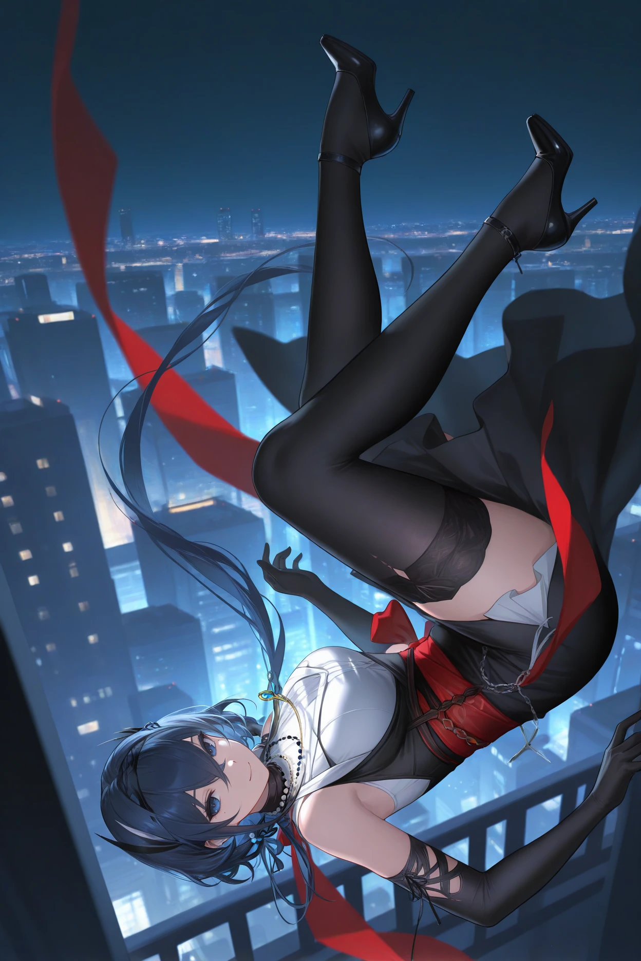masterpiece, best quality, 1girl, solo, <lora:cantabile-illu-nvwls-v1-000007:1> ctbl, dark blue hair, dark blue eyes, hair between eyes, mole under eye, long hair, hair ornament, hairband, necklace, white shirt, sleeveless shirt, black dress, red sash, black gloves, elbow gloves, black thighhighs, full body, falling, cityscape, night, smile, looking at viewer, wide shot, hdr, high heels