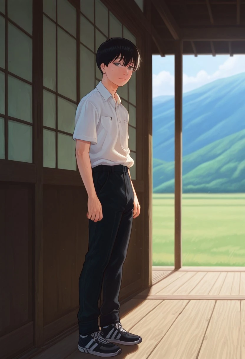 masterpiece, high quality, best quality, amazing quality, very aesthetic, absurdres, ultra-detailed, extremely detailed, realistic, volumetric lighting, (male focus, male only), day, depth of field, JackDraws, solo,
1boy, Black Hair, Grey Eyes, Mole, White Shirt, Short Sleeve, Black Pants, Black and White Shoes, slight smile, gloomy expression, masterpiece, best quality, amazing quality, very aesthetic, absurdres, newest, very awa, photo-realistic detail, atmosphere focused, expressive lighting