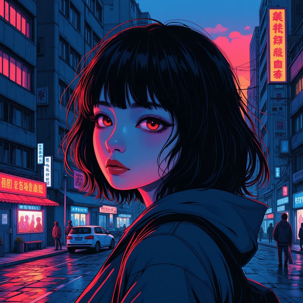 An atmospheric painting.
Closeup of a pretty manga woman in the city.
neomngaCE_style