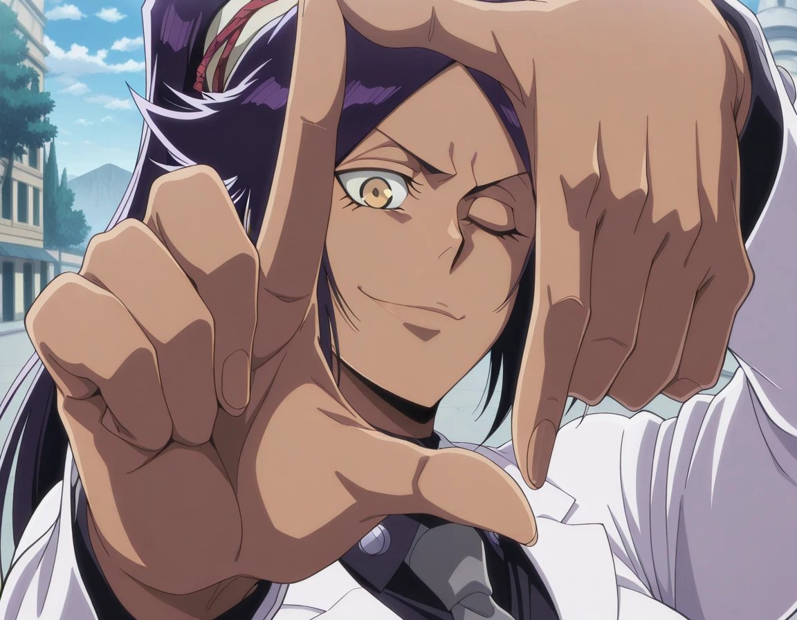 masterpiece, best quality, amazing quality,, <lora:yoruichi-shihouin-tybw-illustriousxl-lora-nochekaiser:1>, yoruichi shihouin, long hair, black hair, ponytail, dark skin, dark-skinned female, high ponytail, yellow eyes, mature female, breasts, anime screencap, <lora:yoshikage-kira-finger-frame-illustriousxl-lora-nochekaiser:1>, yoshikage kira finger frame, finger frame, hands up, outstretched arms, foreshortening, solo, looking at viewer, smile, upper body, outdoors, necktie, one eye closed, parody, meme,, , ,