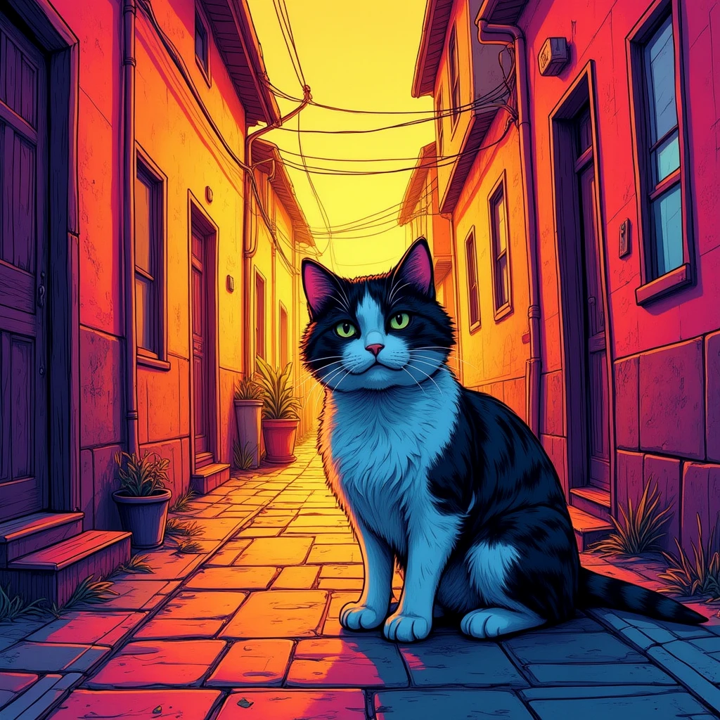 A vibrant painting of a cat in a alley.
neomngaCE_style