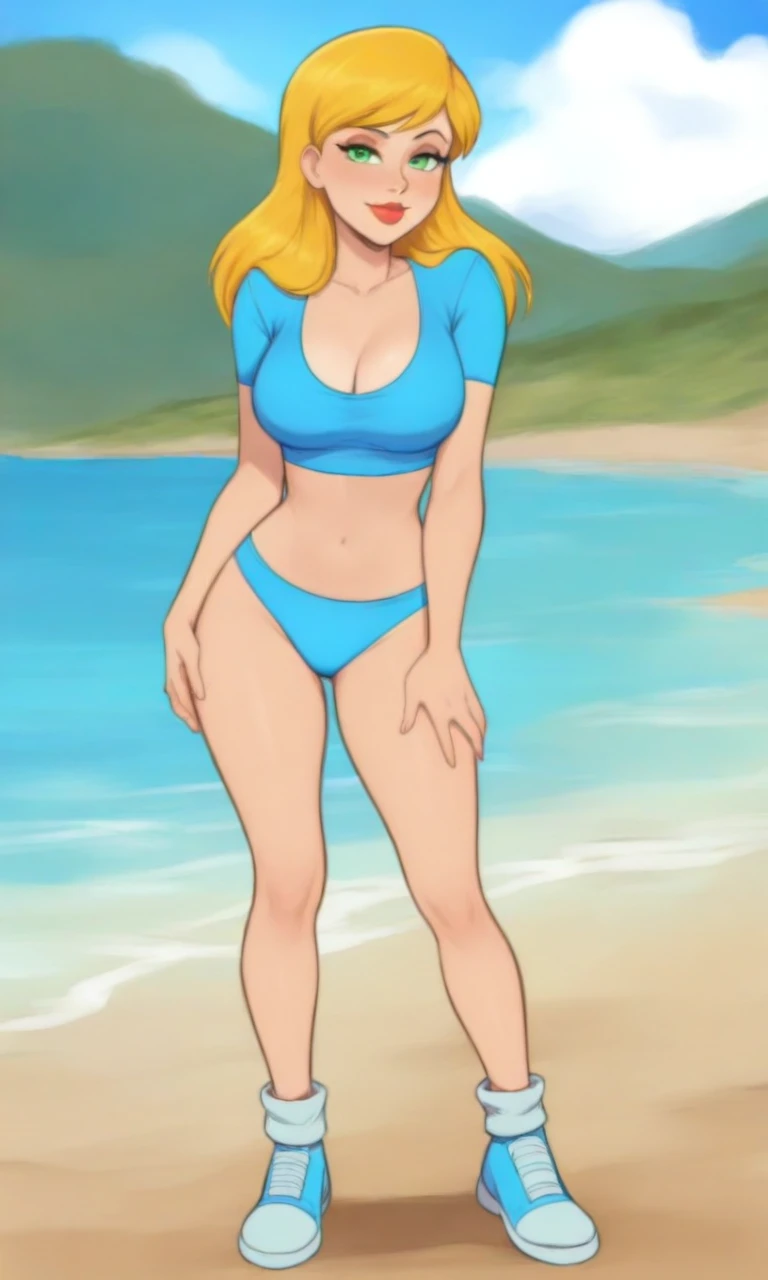 Blue diamond, futanari, huge cock, ful dressed:2.0, Broad Hips:1.1, Waist slender:1.1, Breasts huge:1.7, glad:1.1, public, beach, bathing, huge volume in panties:1.1
