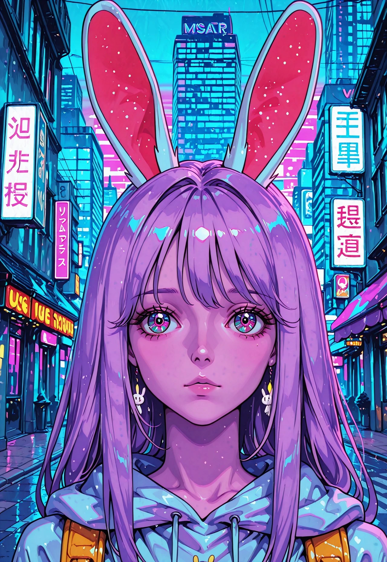 masterpiece, best quality, very awa, very aesthetic,  Mythr1lKN, Usagi Tsukino, outdoors, city streets, vaporwave, portrait, straight on