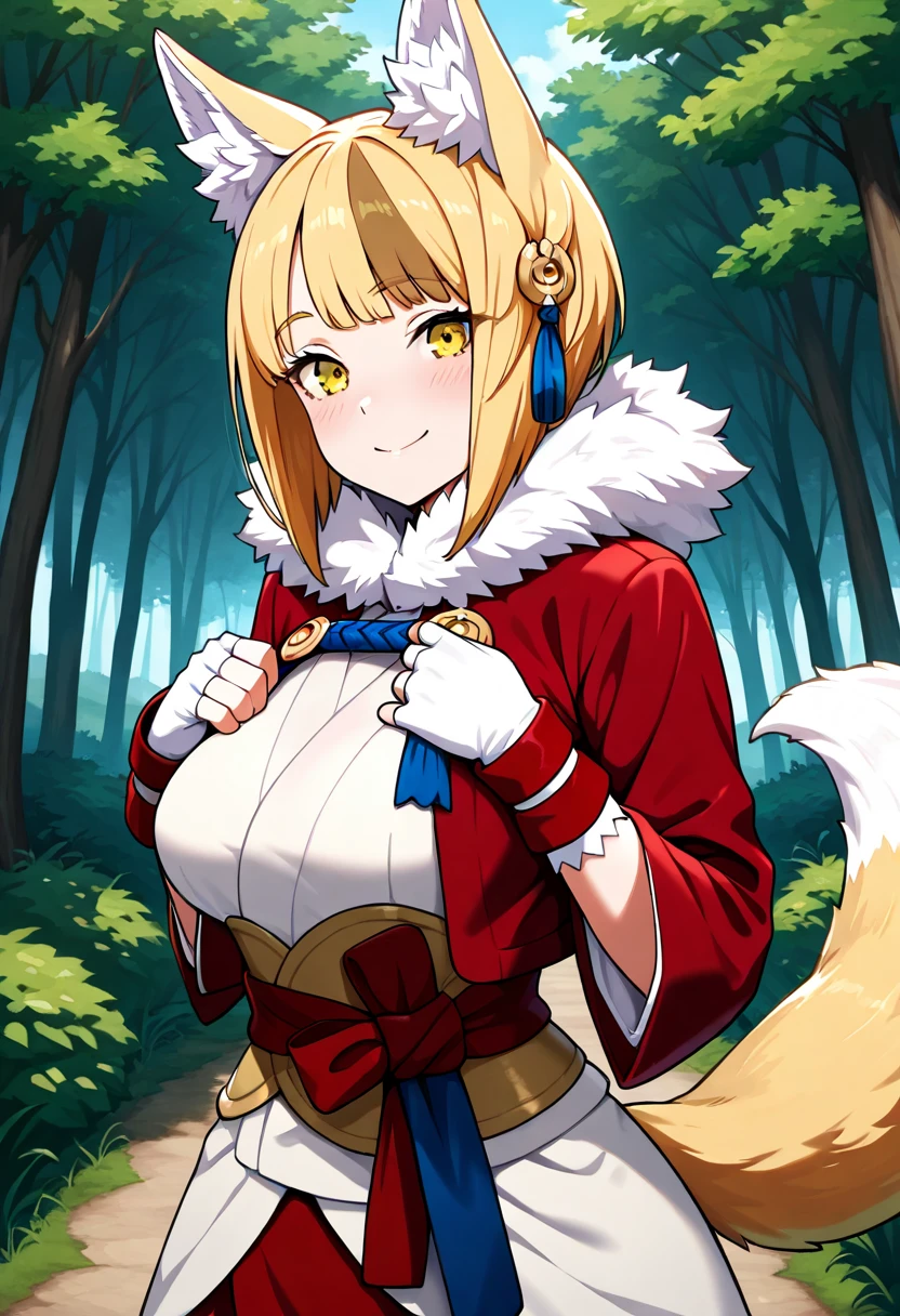 (masterpiece, best quality:1.2), solo, 1girl, stadia-chan, shaded face, crying, looking at viewer, huge ahoge, multicolored eyes, white shirt, ascot, orange skirt, orange thighhighs ra:Harada_Takehito_Background_Dim32:0.8>, ((masterpiece,best quality)), absurdres, ah1, facial mark, multiple tails, fox tails, korean clothes, cleavage, bare shoulders, detached sleeves, outdoors, standing, cowboy shot, smile, contrapposto