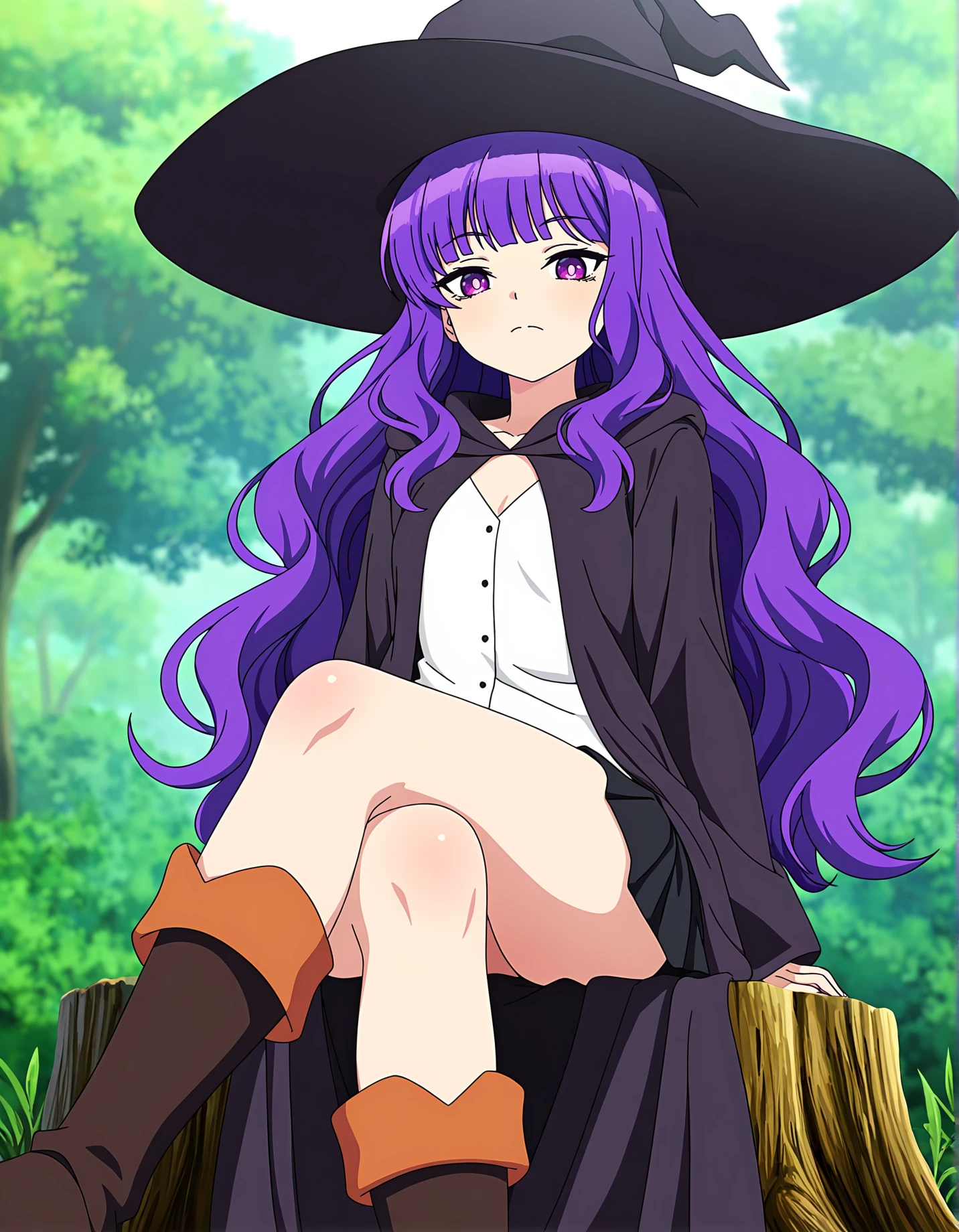 <lora:BTLeanne:0.4> btleanne, tiny , witch hat, black robe, white vest, black skirt, knee boots,
sitting, outdoors, treestump, legs crossed, looking at viewer, <lora:Smooth Lighting Enhancer NoobAI:1>, SmoothNoob_Quality, best quality, masterpiece, absurdres, extreme details
